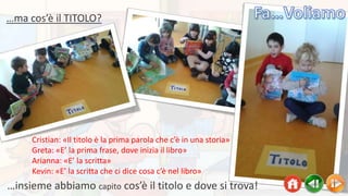 Cristian: «Il titolo è la prima parola che c’è in una storia»
Greta: «E’ la prima frase, dove inizia il libro»
Arianna: «E’ la scritta»
Kevin: «E’ la scritta che ci dice cosa c’è nel libro»
…insieme abbiamo capito cos’è il titolo e dove si trova!
…ma cos’è il TITOLO?
 