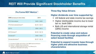 15
$MM (except per share data) 2014
FFO Normalized $435 - $485
FFO Normalized/share(2) $2.25 - $2.51
AFFO $565 - $615
AFFO/share(2) $2.93 - $3.19
Dividends(3) $400 - $420
Dividends/share(2) $2.07 - $2.18
Pro Forma REIT Metrics(1)
Three Key Value Drivers
Higher dividends over time supported by:
 US federal and state income tax savings
 Higher distributable income due to lower
tax vs. book D&A
 Both US and international storage rental
(QRS) income
Potential to create value and reduce
financing costs through acquisition of
select leased facilities
Potential to expand investor base through
higher yield and attractive business
characteristics
REIT Will Provide Significant Stockholder Benefits
(1) Excludes $130MM cash portion of the 2014 special distribution
(2) Based on 193MM shares outstanding
(3) Includes ~$70MM benefit from book / tax difference for
depreciation associated with racking
 