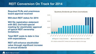 8
Required PLRs and unanimous
board approval received
Will elect REIT status for 2014
Will file registration statement
with SEC and hold special
meeting for stockholder approval
of typical REIT ownership
limitations
Total REIT costs to date in line
with expectations
REIT will enhance stockholder
value through significant increase
in annual dividend
REIT Conversion On Track for 2014
$0.00
$0.20
$0.40
$0.60
Quarterly Dividends per Share (normalized)
Regular C-Corp Dividend Estimated Dividend as a REIT
2014 reflects projected REIT dividend and assumes midpoint of the range
 
