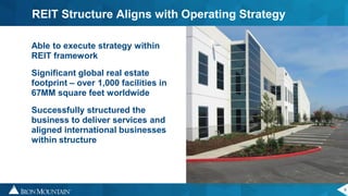 9
Able to execute strategy within
REIT framework
Significant global real estate
footprint – over 1,000 facilities in
67MM square feet worldwide
Successfully structured the
business to deliver services and
aligned international businesses
within structure
REIT Structure Aligns with Operating Strategy
 