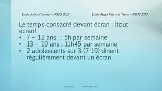 Etude Junior Connect – IPSOS 2013
Canopé Lyon vincent.ruy@ac-lyon.fr
Le temps consacré devant écran : (tout
écran)
• 7 – 12 ans : 5h par semaine
• 13 – 19 ans : 11h45 par semaine
• 2 adolescents sur 3 (7-19) dînent
régulièrement devant un écran
Etude Aeges Kids and Teens – IPSOS 2013
21
 