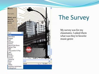 The Survey
My survey was for my
classmates. I asked them
what was they’re favorite
music genre
 