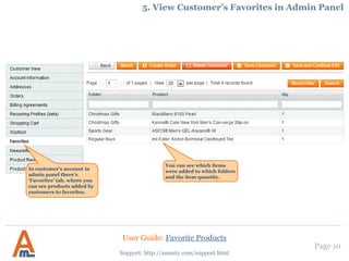 Page 10
Support: http://amasty.com/support.html
5. View Customer’s Favorites in Admin Panel
In customer’s account in
admin panel there’s
‘Favorites’ tab, where you
can see products added by
customers to favorites.
You can see which items
were added to which folders
and the item quantity.
User Guide: Favorite Products
 