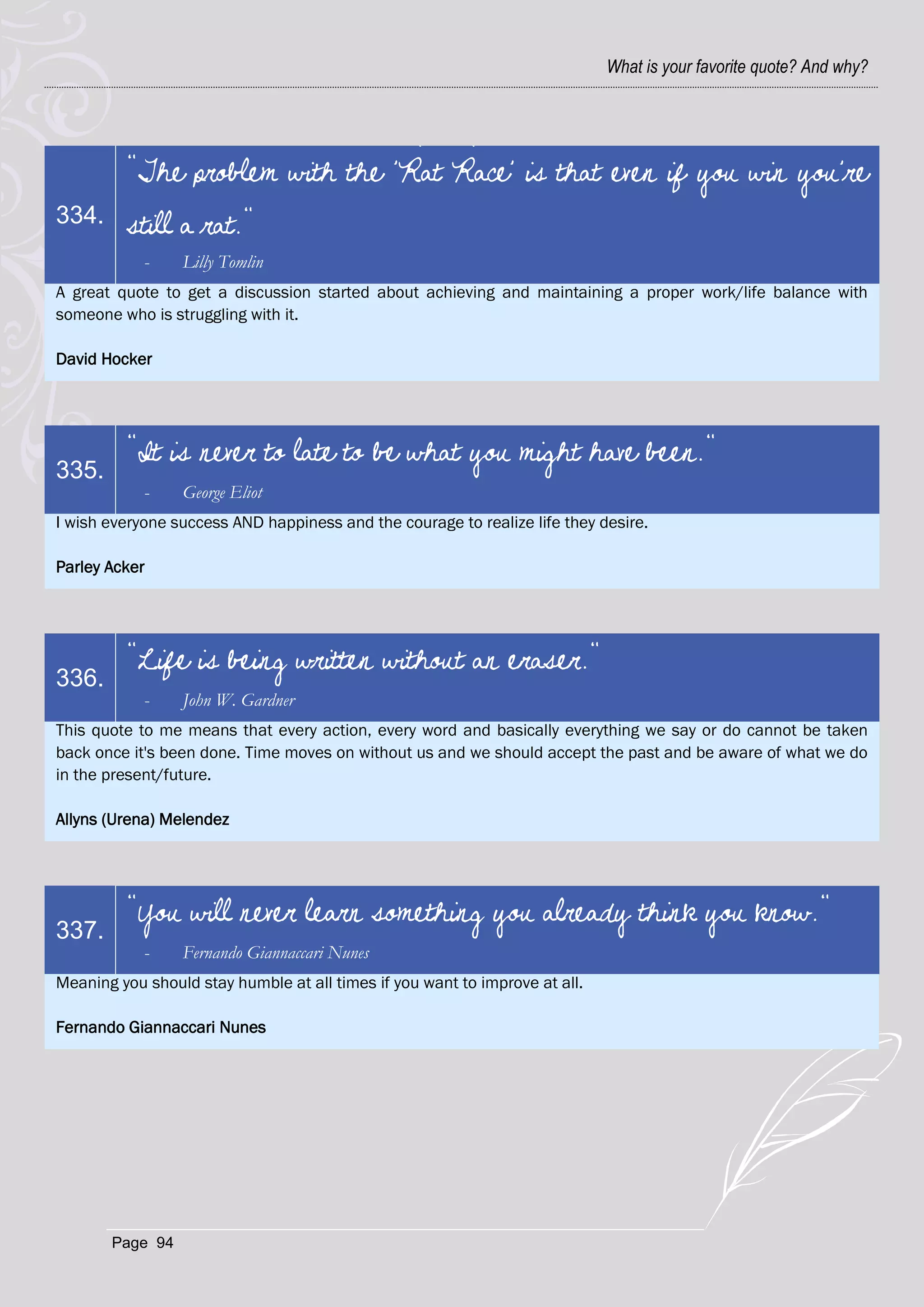 What is your favorite quote? And why?




         "The problem with the 'Rat Race' is that even if you win you're
334.     still a rat."
            -    Lilly Tomlin
A great quote to get a discussion started about achieving and maintaining a proper work/life balance with
someone who is struggling with it.

David Hocker




         "It is never to late to be what you might have been."
335.
            -    George Eliot
I wish everyone success AND happiness and the courage to realize life they desire.

Parley Acker




         "Life is being written without an eraser."
336.
            -    John W. Gardner
This quote to me means that every action, every word and basically everything we say or do cannot be taken
back once it's been done. Time moves on without us and we should accept the past and be aware of what we do
in the present/future.

Allyns (Urena) Melendez




         "You will never learn something you already think you know."
337.
            -    Fernando Giannaccari Nunes
Meaning you should stay humble at all times if you want to improve at all.

Fernando Giannaccari Nunes




       Page 94
 