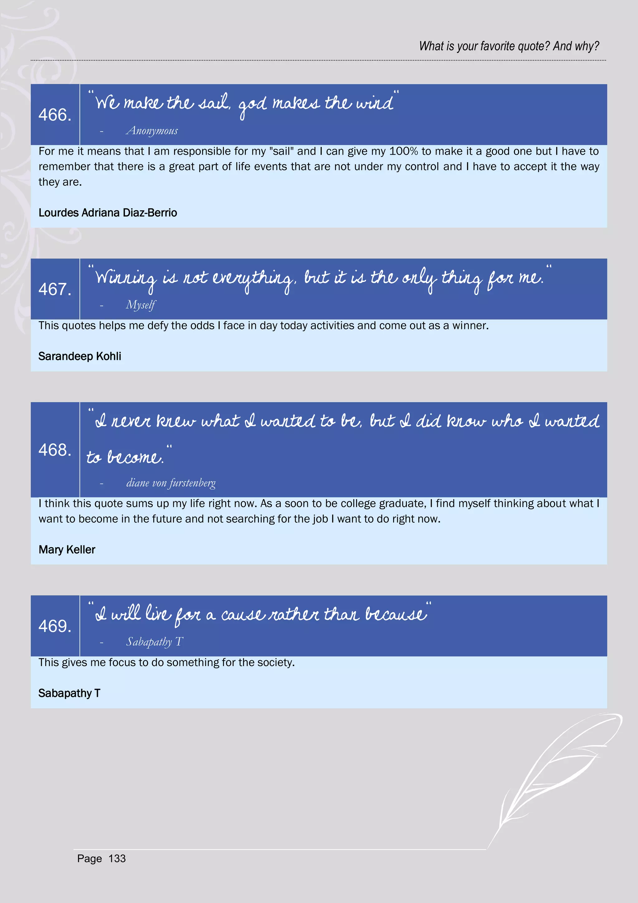What is your favorite quote? And why?



          "We make the sail, god makes the wind"
466.
              -   Anonymous
For me it means that I am responsible for my "sail" and I can give my 100% to make it a good one but I have to
remember that there is a great part of life events that are not under my control and I have to accept it the way
they are.

Lourdes Adriana Diaz-Berrio




          "Winning is not everything, but it is the only thing for me."
467.
              -   Myself
This quotes helps me defy the odds I face in day today activities and come out as a winner.

Sarandeep Kohli




          "I never knew what I wanted to be, but I did know who I wanted
468.      to become."
              -   diane von furstenberg
I think this quote sums up my life right now. As a soon to be college graduate, I find myself thinking about what I
want to become in the future and not searching for the job I want to do right now.

Mary Keller




          "I will live for a cause rather than because"
469.
              -   Sabapathy T
This gives me focus to do something for the society.

Sabapathy T




       Page 133
 
