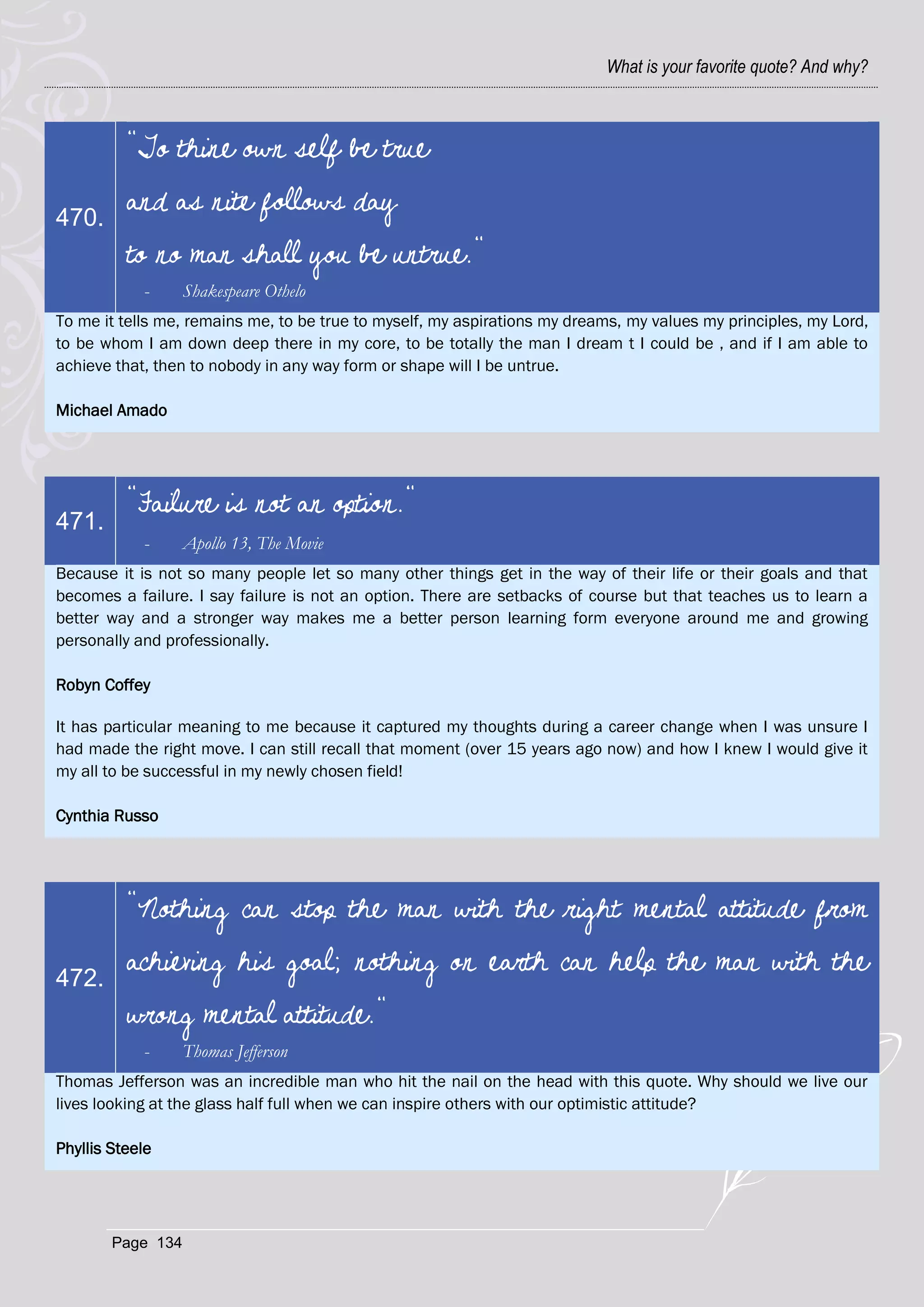 What is your favorite quote? And why?



          "To thine own self be true

470.
          and as nite follows day
          to no man shall you be untrue."
            -      Shakespeare Othelo
To me it tells me, remains me, to be true to myself, my aspirations my dreams, my values my principles, my Lord,
to be whom I am down deep there in my core, to be totally the man I dream t I could be , and if I am able to
achieve that, then to nobody in any way form or shape will I be untrue.

Michael Amado




          "Failure is not an option."
471.
            -      Apollo 13, The Movie
Because it is not so many people let so many other things get in the way of their life or their goals and that
becomes a failure. I say failure is not an option. There are setbacks of course but that teaches us to learn a
better way and a stronger way makes me a better person learning form everyone around me and growing
personally and professionally.

Robyn Coffey

It has particular meaning to me because it captured my thoughts during a career change when I was unsure I
had made the right move. I can still recall that moment (over 15 years ago now) and how I knew I would give it
my all to be successful in my newly chosen field!

Cynthia Russo




          "Nothing can stop the man with the right mental attitude from

472.
          achieving his goal; nothing on earth can help the man with the
          wrong mental attitude."
            -      Thomas Jefferson
Thomas Jefferson was an incredible man who hit the nail on the head with this quote. Why should we live our
lives looking at the glass half full when we can inspire others with our optimistic attitude?

Phyllis Steele




        Page 134
 