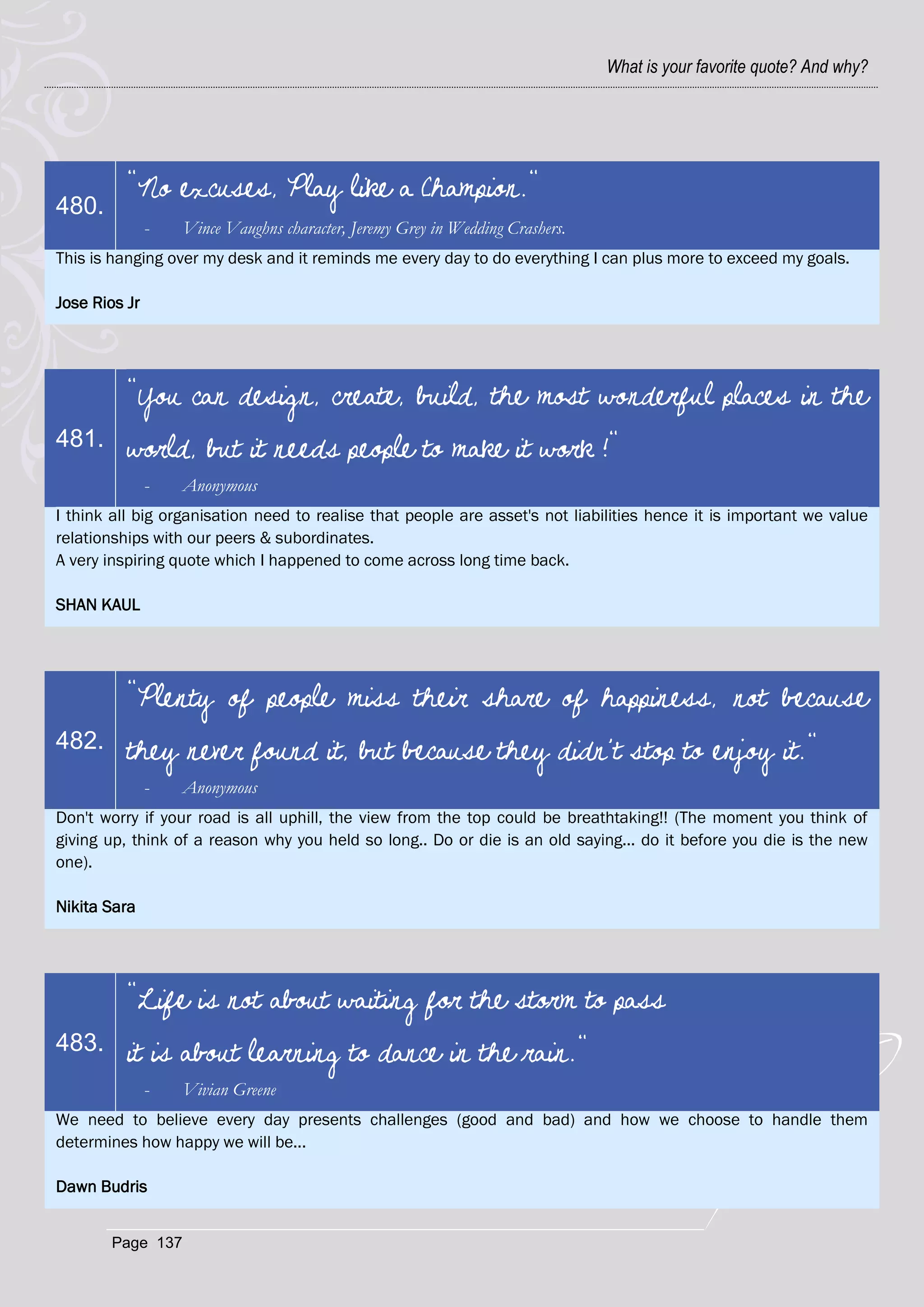 What is your favorite quote? And why?




          "No excuses, Play like a Champion."
480.
               -   Vince Vaughns character, Jeremy Grey in Wedding Crashers.
This is hanging over my desk and it reminds me every day to do everything I can plus more to exceed my goals.

Jose Rios Jr




          "You can design, create, build, the most wonderful places in the
481.      world, but it needs people to make it work !"
               -   Anonymous
I think all big organisation need to realise that people are asset's not liabilities hence it is important we value
relationships with our peers & subordinates.
A very inspiring quote which I happened to come across long time back.

SHAN KAUL




          "Plenty of people miss their share of happiness, not because
482.      they never found it, but because they didn't stop to enjoy it."
               -   Anonymous
Don't worry if your road is all uphill, the view from the top could be breathtaking!! (The moment you think of
giving up, think of a reason why you held so long.. Do or die is an old saying... do it before you die is the new
one).

Nikita Sara




          "Life is not about waiting for the storm to pass…
483.      it is about learning to dance in the rain."
               -   Vivian Greene
We need to believe every day presents challenges (good and bad) and how we choose to handle them
determines how happy we will be...

Dawn Budris


       Page 137
 