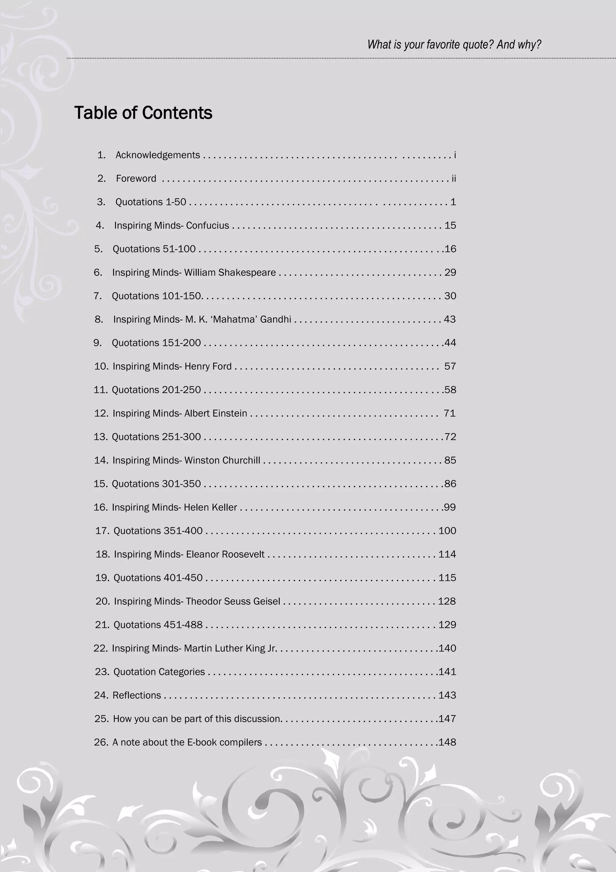 What is your favorite quote? And why?




Table of Contents

   1. Acknowledgements . . . . . . . . . . . . . . . . . . . . . . . . . . . . . . . . . . . . . . . . . . . . . . . . i

   2. Foreword . . . . . . . . . . . . . . . . . . . . . . . . . . . . . . . . . . . . . . . . . . . . . . . . . . . . . . . . ii

   3. Quotations 1-50 . . . . . . . . . . . . . . . . . . . . . . . . . . . . . . . . . . . . . . . . . . . . . . . . . . 1

  4. Inspiring Minds- Confucius . . . . . . . . . . . . . . . . . . . . . . . . . . . . . . . . . . . . . . . . . 15

  5. Quotations 51-100 . . . . . . . . . . . . . . . . . . . . . . . . . . . . . . . . . . . . . . . . . . . . . . . .16

  6. Inspiring Minds- William Shakespeare . . . . . . . . . . . . . . . . . . . . . . . . . . . . . . . . 29

  7. Quotations 101-150. . . . . . . . . . . . . . . . . . . . . . . . . . . . . . . . . . . . . . . . . . . . . . . 30

  8. Inspiring Minds- M. K. ‗Mahatma‘ Gandhi . . . . . . . . . . . . . . . . . . . . . . . . . . . . . 43

  9. Quotations 151-200 . . . . . . . . . . . . . . . . . . . . . . . . . . . . . . . . . . . . . . . . . . . . . . .44

  10. Inspiring Minds- Henry Ford . . . . . . . . . . . . . . . . . . . . . . . . . . . . . . . . . . . . . . . . 57

  11. Quotations 201-250 . . . . . . . . . . . . . . . . . . . . . . . . . . . . . . . . . . . . . . . . . . . . . . .58

  12. Inspiring Minds- Albert Einstein . . . . . . . . . . . . . . . . . . . . . . . . . . . . . . . . . . . . . 71

  13. Quotations 251-300 . . . . . . . . . . . . . . . . . . . . . . . . . . . . . . . . . . . . . . . . . . . . . . .72

  14. Inspiring Minds- Winston Churchill . . . . . . . . . . . . . . . . . . . . . . . . . . . . . . . . . . . 85

  15. Quotations 301-350 . . . . . . . . . . . . . . . . . . . . . . . . . . . . . . . . . . . . . . . . . . . . . . .86

  16. Inspiring Minds- Helen Keller . . . . . . . . . . . . . . . . . . . . . . . . . . . . . . . . . . . . . . . .99

  17. Quotations 351-400 . . . . . . . . . . . . . . . . . . . . . . . . . . . . . . . . . . . . . . . . . . . . . 100

  18. Inspiring Minds- Eleanor Roosevelt . . . . . . . . . . . . . . . . . . . . . . . . . . . . . . . . . 114

  19. Quotations 401-450 . . . . . . . . . . . . . . . . . . . . . . . . . . . . . . . . . . . . . . . . . . . . . 115

  20. Inspiring Minds- Theodor Seuss Geisel . . . . . . . . . . . . . . . . . . . . . . . . . . . . . . 128

  21. Quotations 451-488 . . . . . . . . . . . . . . . . . . . . . . . . . . . . . . . . . . . . . . . . . . . . . 129

  22. Inspiring Minds- Martin Luther King Jr. . . . . . . . . . . . . . . . . . . . . . . . . . . . . . . .140

  23. Quotation Categories . . . . . . . . . . . . . . . . . . . . . . . . . . . . . . . . . . . . . . . . . . . . .141

  24. Reflections . . . . . . . . . . . . . . . . . . . . . . . . . . . . . . . . . . . . . . . . . . . . . . . . . . . . . 143

  25. How you can be part of this discussion. . . . . . . . . . . . . . . . . . . . . . . . . . . . . . .147

  26. A note about the E-book compilers . . . . . . . . . . . . . . . . . . . . . . . . . . . . . . . . . .148
 