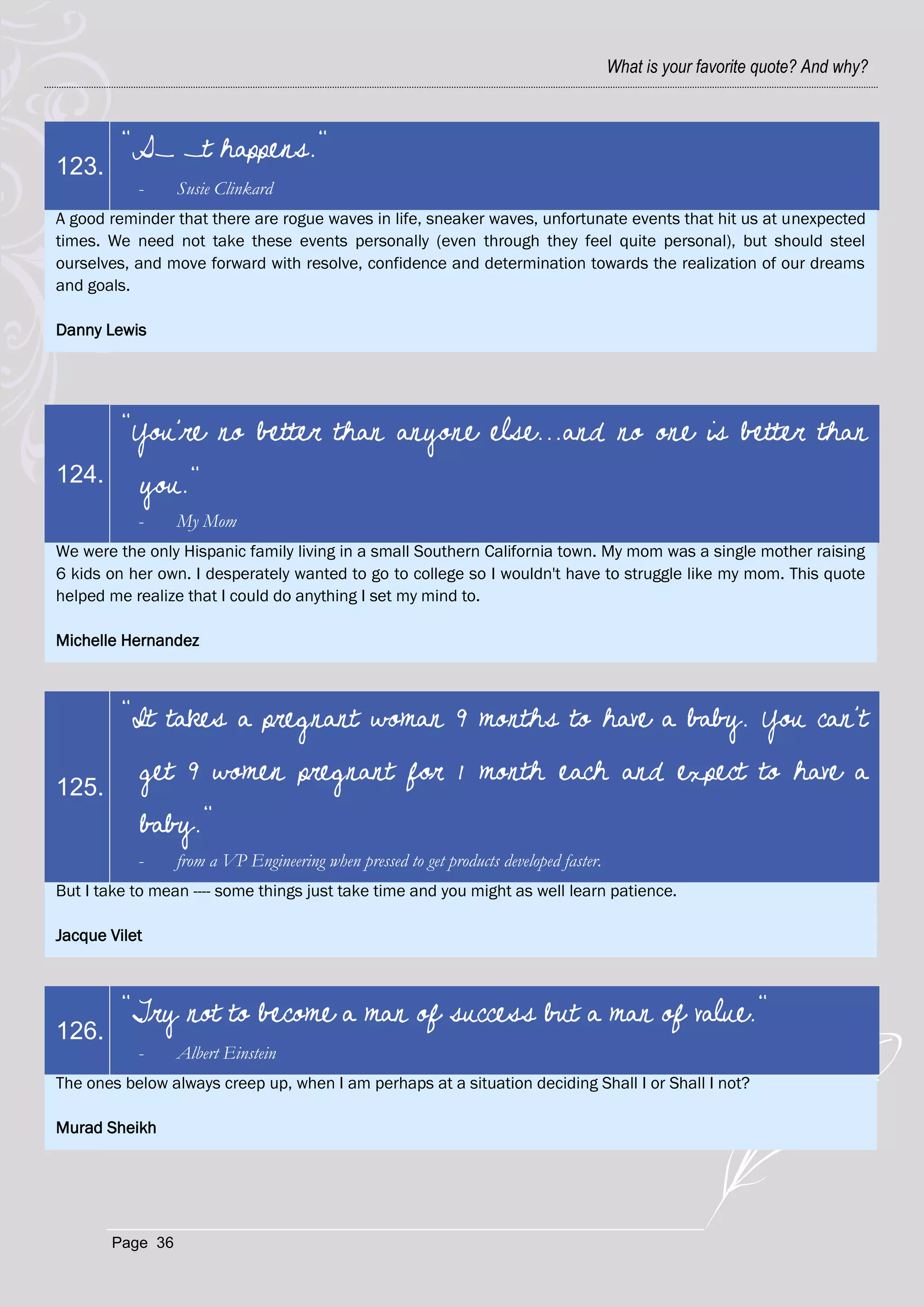 What is your favorite quote? And why?



         "S_ _t happens."
123.
           -     Susie Clinkard
A good reminder that there are rogue waves in life, sneaker waves, unfortunate events that hit us at unexpected
times. We need not take these events personally (even through they feel quite personal), but should steel
ourselves, and move forward with resolve, confidence and determination towards the realization of our dreams
and goals.

Danny Lewis




         "You're no better than anyone else...and no one is better than
124.       you."
           -     My Mom
We were the only Hispanic family living in a small Southern California town. My mom was a single mother raising
6 kids on her own. I desperately wanted to go to college so I wouldn't have to struggle like my mom. This quote
helped me realize that I could do anything I set my mind to.

Michelle Hernandez



         "It takes a pregnant woman 9 months to have a baby. You can't

125.
           get 9 women pregnant for 1 month each and expect to have a
           baby."
           -     from a VP Engineering when pressed to get products developed faster.
But I take to mean ---- some things just take time and you might as well learn patience.

Jacque Vilet



         "Try not to become a man of success but a man of value."
126.
           -     Albert Einstein
The ones below always creep up, when I am perhaps at a situation deciding Shall I or Shall I not?

Murad Sheikh




       Page 36
 