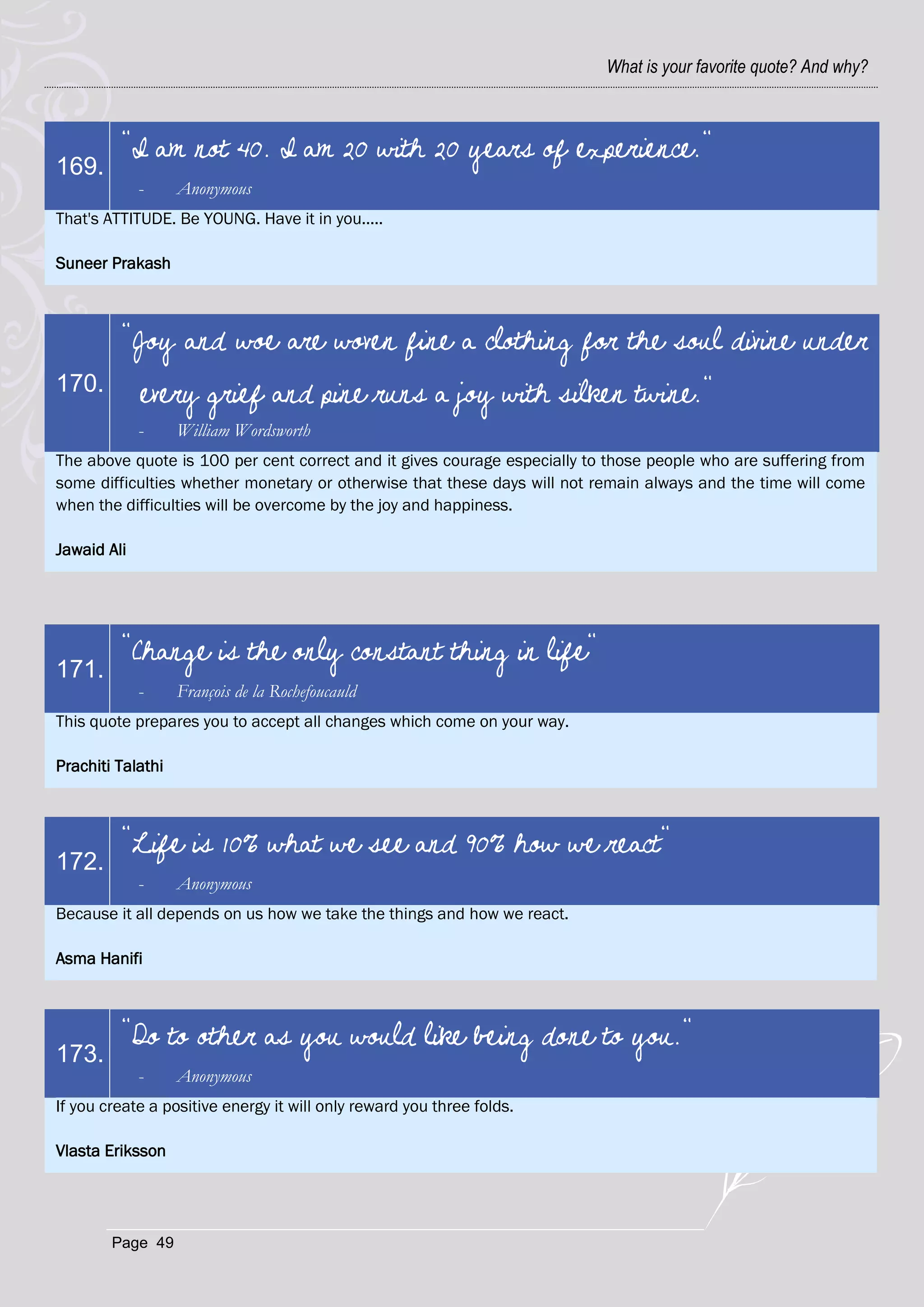 What is your favorite quote? And why?



         "I am not 40. I am 20 with 20 years of experience."
169.
             -     Anonymous
That's ATTITUDE. Be YOUNG. Have it in you.....

Suneer Prakash



         "Joy and woe are woven fine a clothing for the soul divine under
170.         every grief and pine runs a joy with silken twine."
             -     William Wordsworth
The above quote is 100 per cent correct and it gives courage especially to those people who are suffering from
some difficulties whether monetary or otherwise that these days will not remain always and the time will come
when the difficulties will be overcome by the joy and happiness.

Jawaid Ali




         "Change is the only constant thing in life"
171.
             -     François de la Rochefoucauld
This quote prepares you to accept all changes which come on your way.

Prachiti Talathi



         "Life is 10% what we see and 90% how we react"
172.
             -     Anonymous
Because it all depends on us how we take the things and how we react.

Asma Hanifi



         "Do to other as you would like being done to you."
173.
             -     Anonymous
If you create a positive energy it will only reward you three folds.

Vlasta Eriksson




        Page 49
 