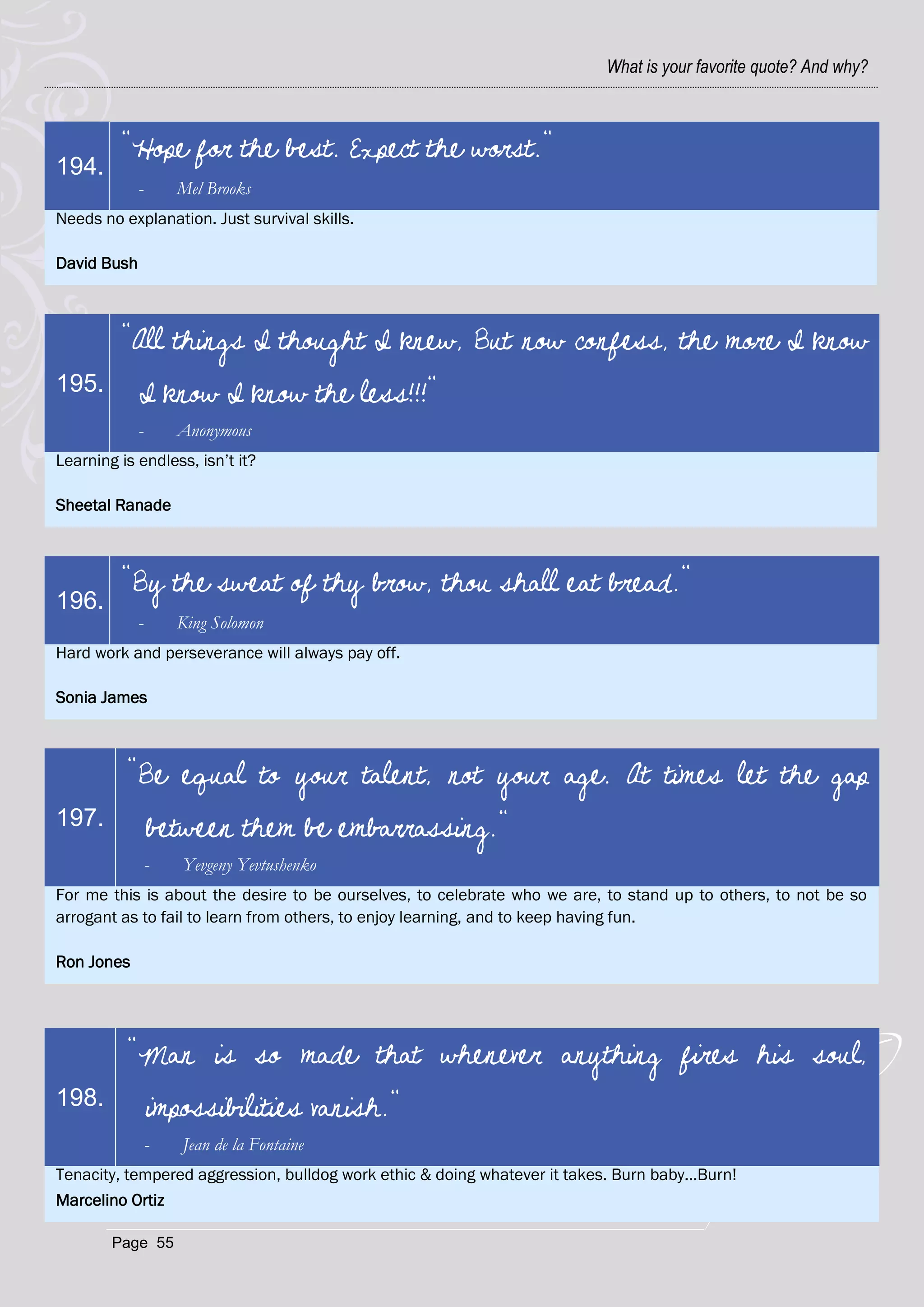 What is your favorite quote? And why?



         "Hope for the best. Expect the worst."
194.
             -     Mel Brooks
Needs no explanation. Just survival skills.

David Bush



         "All things I thought I knew, But now confess, the more I know
195.         I know I know the less!!!"
             -     Anonymous
Learning is endless, isn‘t it?

Sheetal Ranade



         "By the sweat of thy brow, thou shall eat bread."
196.
             -     King Solomon
Hard work and perseverance will always pay off.

Sonia James



          "Be equal to your talent, not your age. At times let the gap
197.             between them be embarrassing."
             -      Yevgeny Yevtushenko
For me this is about the desire to be ourselves, to celebrate who we are, to stand up to others, to not be so
arrogant as to fail to learn from others, to enjoy learning, and to keep having fun.

Ron Jones




          "Man is so made that whenever anything fires his soul,
198.             impossibilities vanish."
             -      Jean de la Fontaine
Tenacity, tempered aggression, bulldog work ethic & doing whatever it takes. Burn baby...Burn!
Marcelino Ortiz

        Page 55
 