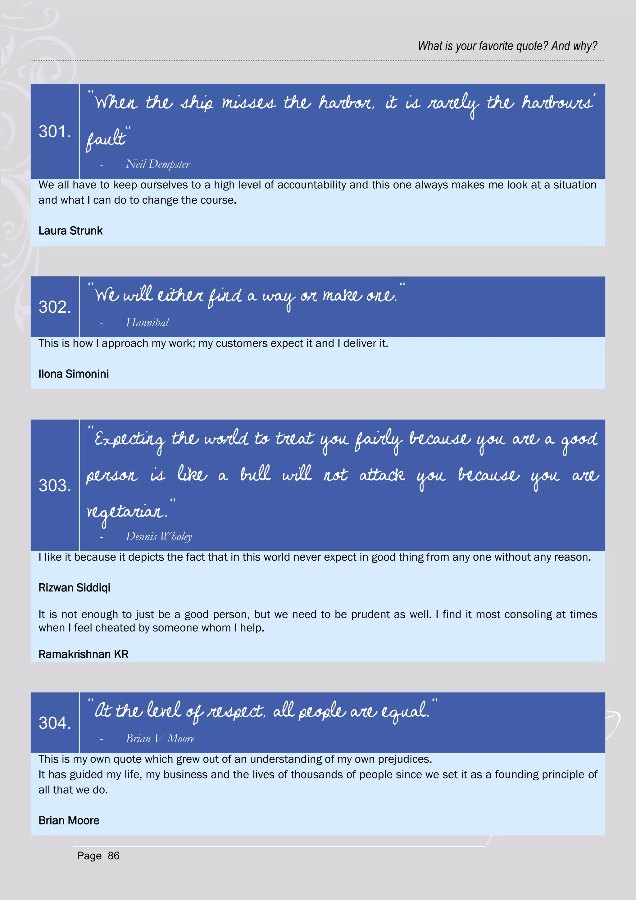 What is your favorite quote? And why?



          "When the ship misses the harbor, it is rarely the harbours’
301.      fault"
            -     Neil Dempster
We all have to keep ourselves to a high level of accountability and this one always makes me look at a situation
and what I can do to change the course.

Laura Strunk




          "We will either find a way or make one."
302.
            -     Hannibal
This is how I approach my work; my customers expect it and I deliver it.

Ilona Simonini




          "Expecting the world to treat you fairly because you are a good

303.
          person is like a bull will not attack you because you are
          vegetarian."
            -     Dennis Wholey
I like it because it depicts the fact that in this world never expect in good thing from any one without any reason.

Rizwan Siddiqi

It is not enough to just be a good person, but we need to be prudent as well. I find it most consoling at times
when I feel cheated by someone whom I help.

Ramakrishnan KR



          "At the level of respect, all people are equal."
304.
            -     Brian V Moore
This is my own quote which grew out of an understanding of my own prejudices.
It has guided my life, my business and the lives of thousands of people since we set it as a founding principle of
all that we do.

Brian Moore

        Page 86
 