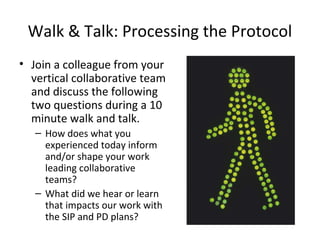 Walk & Talk: Processing the Protocol
• Join a colleague from your
  vertical collaborative team
  and discuss the following
  two questions during a 10
  minute walk and talk.
   – How does what you
     experienced today inform
     and/or shape your work
     leading collaborative
     teams?
   – What did we hear or learn
     that impacts our work with
     the SIP and PD plans?
 