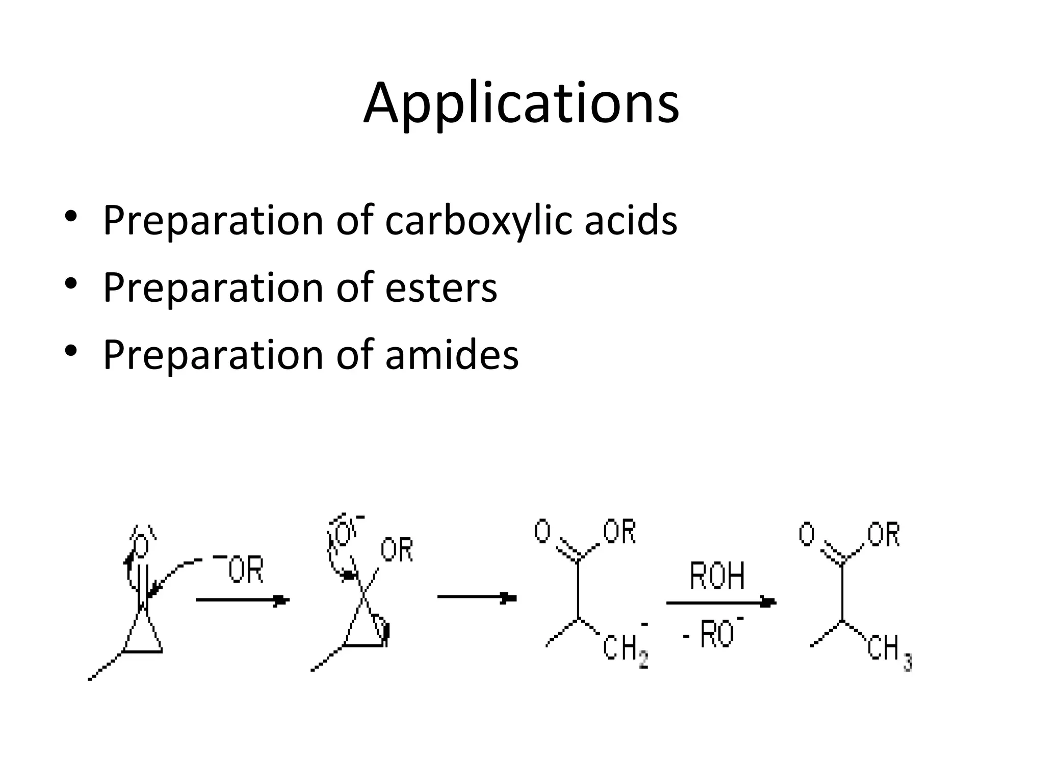 Applications
• Preparation of carboxylic acids
• Preparation of esters
• Preparation of amides