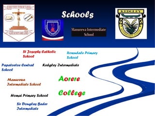 Schools St Josephs Catholic School Homai Primary School Papatoetoe Central School Rowndale Primary School Manurewa Intermediate School Sir Douglas Bader Intermediate Kedgley Intermediate A o r e r e C o l l e g e 