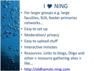 Del.icio.us or Diigo?You don’t want to shareYou don’t care who you are sharing withYou are only startingYou already know some people who are on one or the otherYou want to widen the geographical area covered by your PLNYou want to set up/ be part of a grouphttp://groups.diigo.com/group/resources-for-languages