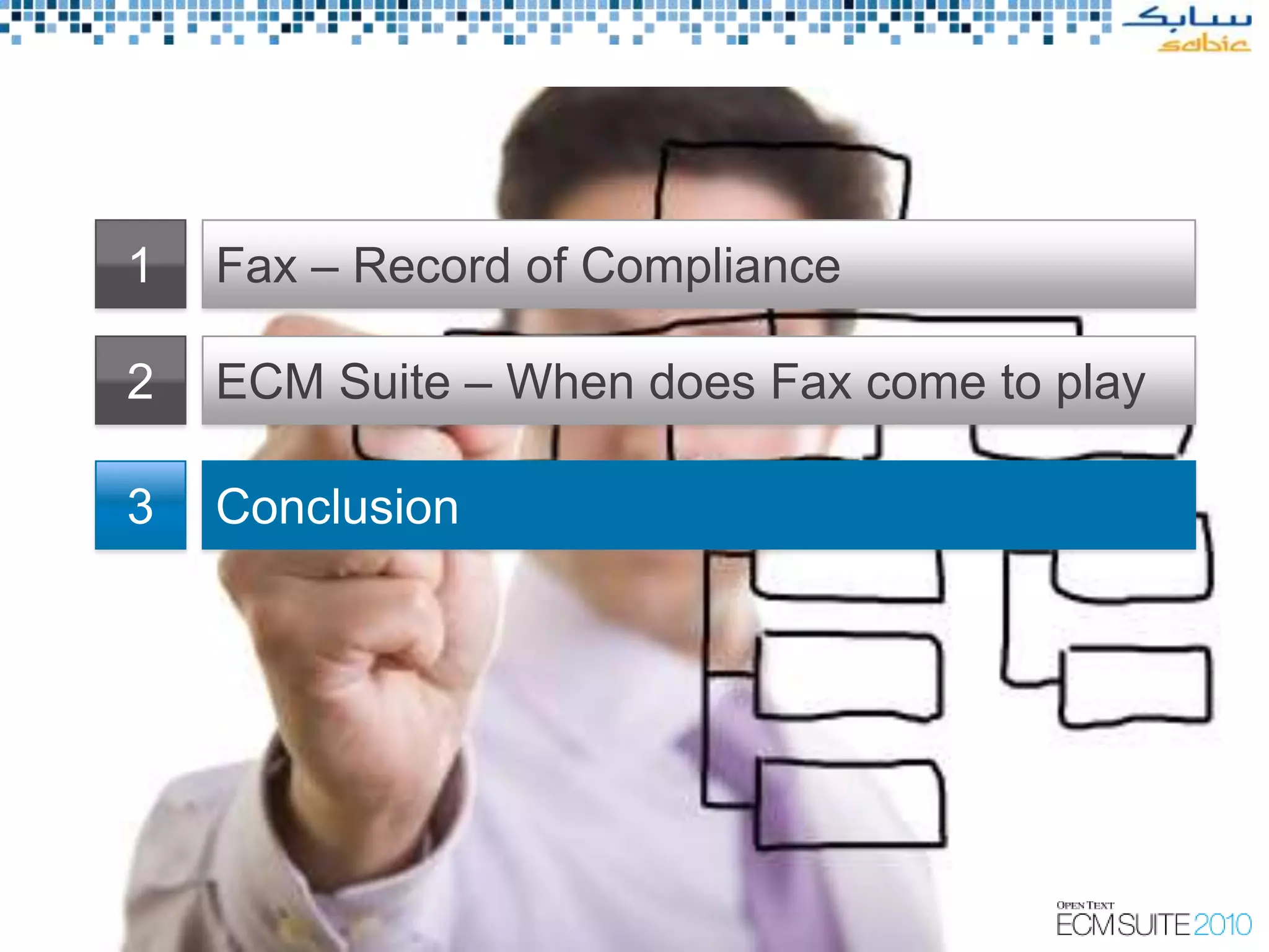 1   Fax – Record of Compliance

2   ECM Suite – When does Fax come to play

3   Conclusion
 