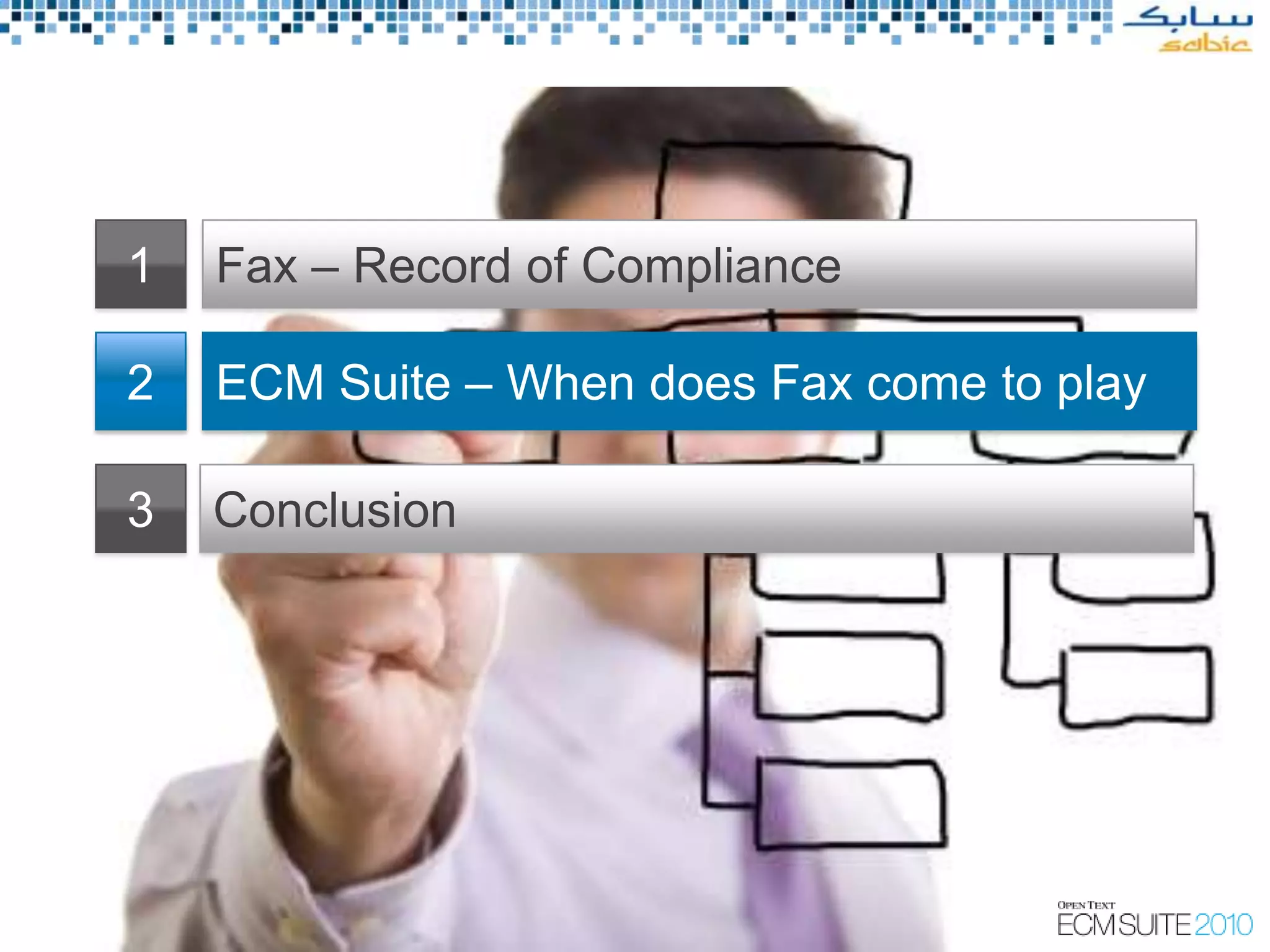 1   Fax – Record of Compliance

2   ECM Suite –do?
    What do we When does Fax come to play

3   Conclusion
 