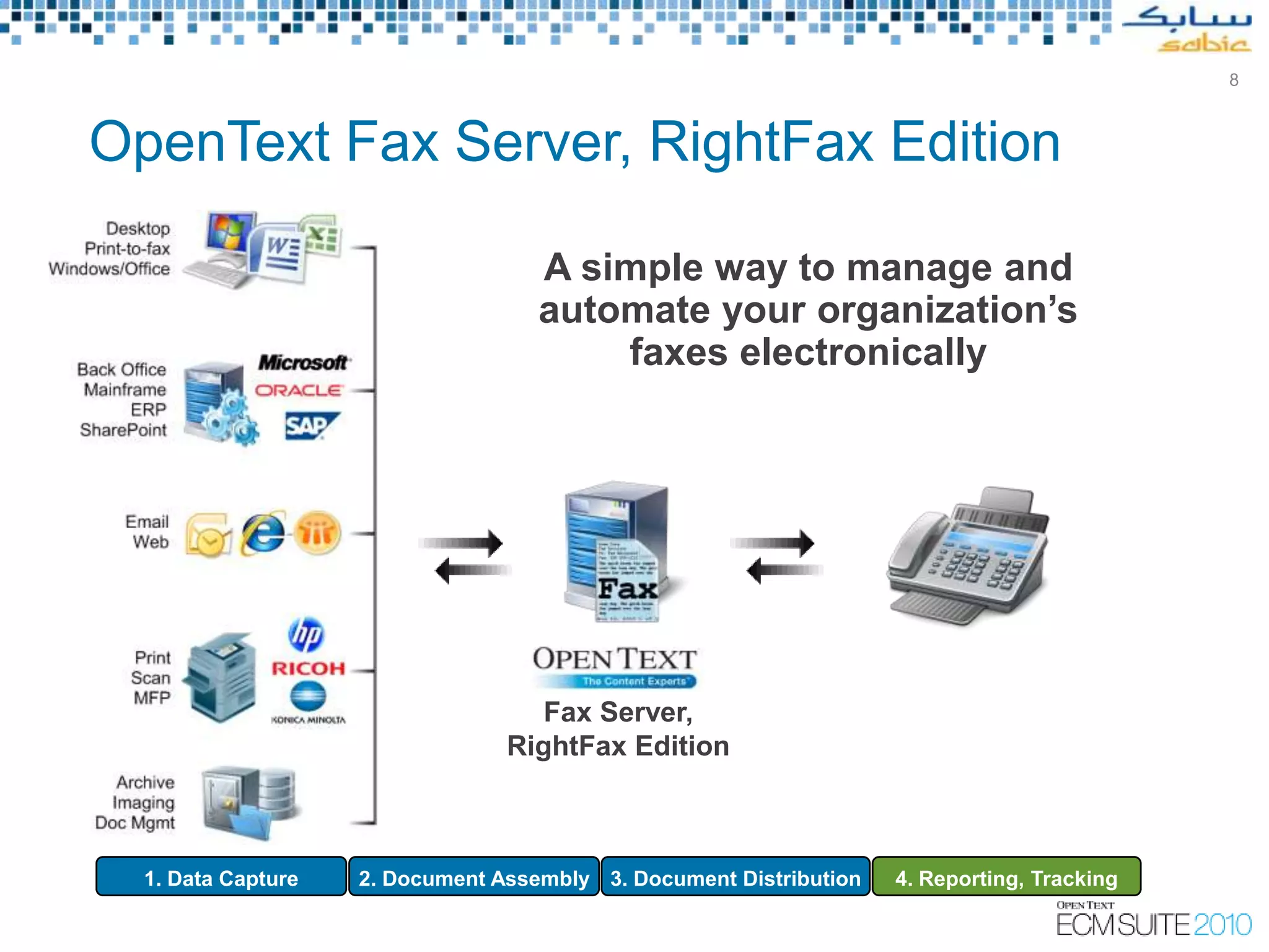 8



OpenText Fax Server, RightFax Edition

                                    A simple way to manage and
                                    automate your organization’s
                                        faxes electronically




                                    Fax Server,
                                 RightFax Edition



  1. Data Capture   2. Document Assembly 3. Document Distribution   4. Reporting, Tracking
 