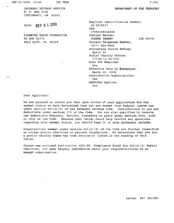 DHF 501(c)(3) determination letter from IRS