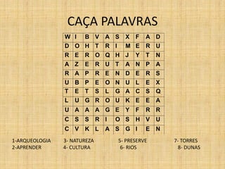 CAÇA PALAVRAS
W I B V A S X F A D
D O H T R I M E R U
R E R O Q H J Y T N
A Z E R U T A N P A
R A P R E N D E R S
U B P E O N U L E X
T E T S L G A C S Q
L U G R O U K E E A
U A A A G E Y F R R
C S S R I O S H V U
C V K L A S G I E N
1-ARQUEOLOGIA 3- NATUREZA 5- PRESERVE 7- TORRES
2-APRENDER 4- CULTURA 6- RIOS 8- DUNAS
 