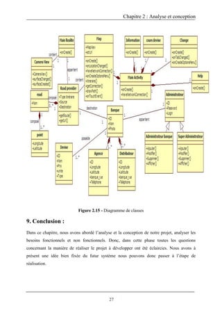 Chapitre 2 : Analyse et conception
27
Figure 2.15 - Diagramme de classes
9. Conclusion :
Dans ce chapitre, nous avons abordé l’analyse et la conception de notre projet, analyser les
besoins fonctionnels et non fonctionnels. Donc, dans cette phase toutes les questions
concernant la manière de réaliser le projet à développer ont été éclaircies. Nous avons à
présent une idée bien fixée du futur système nous pouvons donc passer à l’étape de
réalisation.
 