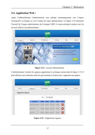 Chapitre 3 : Réalisation
37
5.4. Application Web :
Après l’authentification l’administrateur sera redirigé automatiquement vers l’espace
correspond à sa banque ou vers l’espace de super administrateur. La figure 3.14 représente
l’accueil de l’espace administrateur de la banque UBCI, le menu principal contient tous les
services offerts à cet administrateur.
Figure 3.14 – Accueil Administrateur
L’administrateur visualise les agences appartenant à sa banque comme dans la figure 3.15. Il
peut effectuer une recherche selon les gouvernorats et il peut aussi supprimer une agence.
Figure 3.15 – Suppression Agence
 