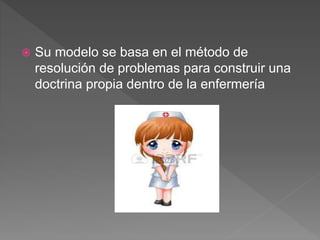  Su modelo se basa en el método de
resolución de problemas para construir una
doctrina propia dentro de la enfermería
 