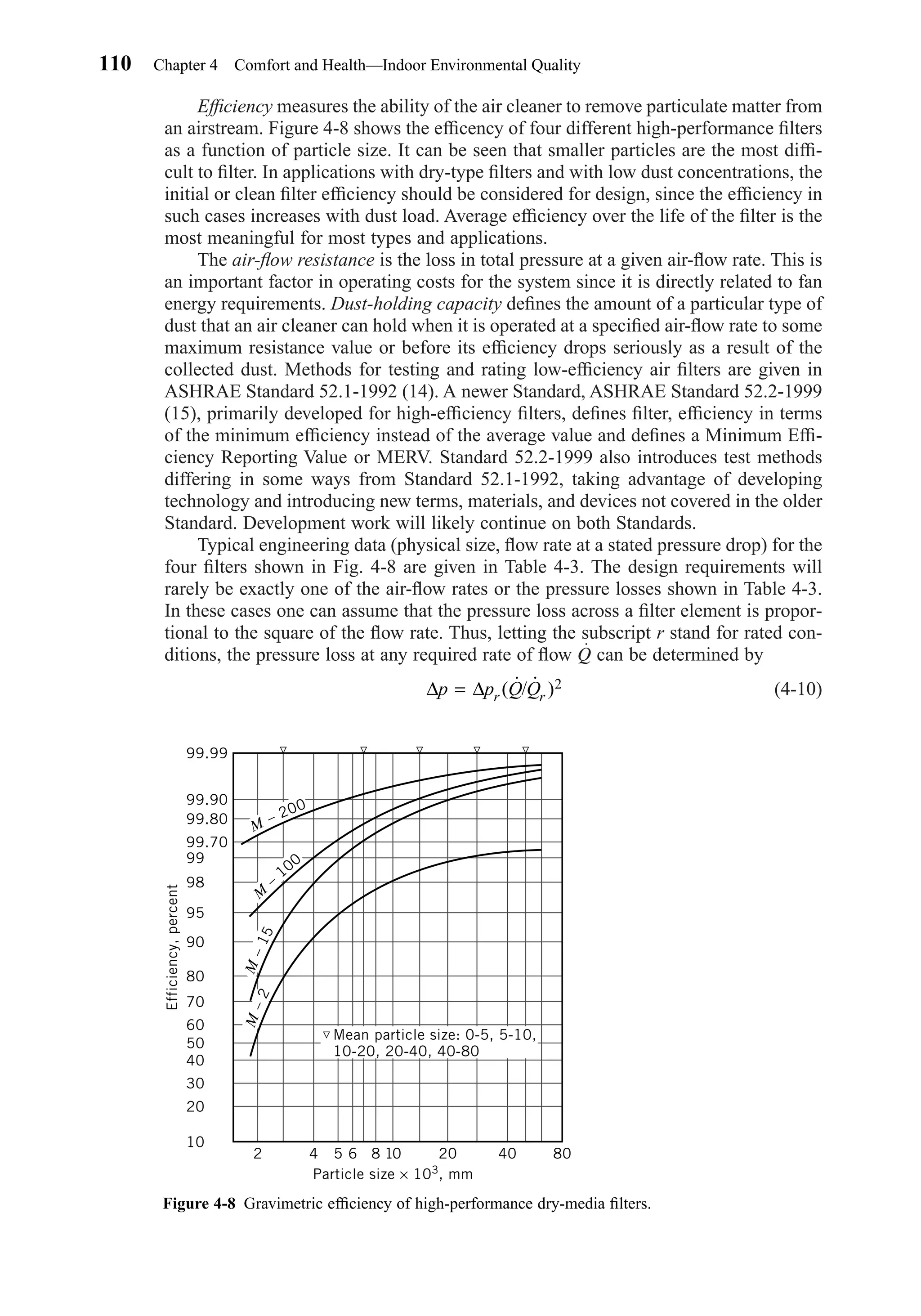 Efﬁciency measures the ability of the air cleaner to remove particulate matter from
an airstream. Figure 4-8 shows the efﬁcency of four different high-performance ﬁlters
as a function of particle size. It can be seen that smaller particles are the most difﬁ-
cult to ﬁlter. In applications with dry-type ﬁlters and with low dust concentrations, the
initial or clean ﬁlter efﬁciency should be considered for design, since the efﬁciency in
such cases increases with dust load. Average efﬁciency over the life of the ﬁlter is the
most meaningful for most types and applications.
The air-ﬂow resistance is the loss in total pressure at a given air-ﬂow rate. This is
an important factor in operating costs for the system since it is directly related to fan
energy requirements. Dust-holding capacity deﬁnes the amount of a particular type of
dust that an air cleaner can hold when it is operated at a speciﬁed air-ﬂow rate to some
maximum resistance value or before its efﬁciency drops seriously as a result of the
collected dust. Methods for testing and rating low-efﬁciency air ﬁlters are given in
ASHRAE Standard 52.1-1992 (14). A newer Standard, ASHRAE Standard 52.2-1999
(15), primarily developed for high-efﬁciency ﬁlters, deﬁnes ﬁlter, efﬁciency in terms
of the minimum efﬁciency instead of the average value and deﬁnes a Minimum Efﬁ-
ciency Reporting Value or MERV. Standard 52.2-1999 also introduces test methods
differing in some ways from Standard 52.1-1992, taking advantage of developing
technology and introducing new terms, materials, and devices not covered in the older
Standard. Development work will likely continue on both Standards.
Typical engineering data (physical size, ﬂow rate at a stated pressure drop) for the
four ﬁlters shown in Fig. 4-8 are given in Table 4-3. The design requirements will
rarely be exactly one of the air-ﬂow rates or the pressure losses shown in Table 4-3.
In these cases one can assume that the pressure loss across a ﬁlter element is propor-
tional to the square of the ﬂow rate. Thus, letting the subscript r stand for rated con-
ditions, the pressure loss at any required rate of ﬂow Q can be determined by
(4-10)∆p p Q Qr r= ∆ ( ˙/ ˙ )2
110 Chapter 4 Comfort and Health—Indoor Environmental Quality
Figure 4-8 Gravimetric efﬁciency of high-performance dry-media ﬁlters.
99.99
99.90
99.80
99.70
99
98
95
90
80
70
60
50
40
30
20
10
2
Efficiency,percent
4 5 6 8 20 40 8010
Particle size × 103
, mm
Mean particle size: 0-5, 5-10,
10-20, 20-40, 40-80
M
– 200
M
–
100
M–15
M–2
Chapter04.qxd 6/15/04 2:31 PM Page 110
 