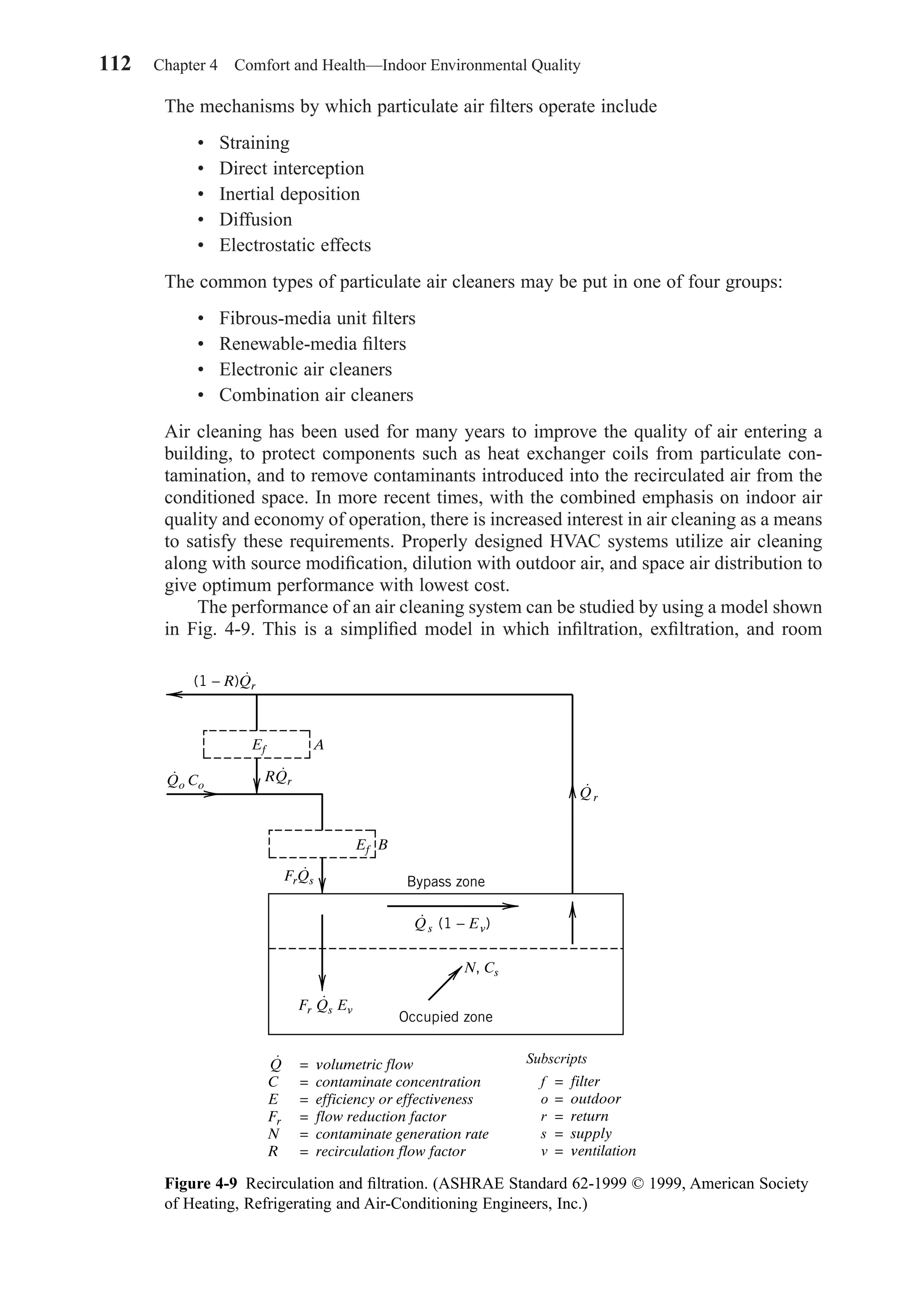112 Chapter 4 Comfort and Health—Indoor Environmental Quality
The mechanisms by which particulate air ﬁlters operate include
• Straining
• Direct interception
• Inertial deposition
• Diffusion
• Electrostatic effects
The common types of particulate air cleaners may be put in one of four groups:
• Fibrous-media unit ﬁlters
• Renewable-media ﬁlters
• Electronic air cleaners
• Combination air cleaners
Air cleaning has been used for many years to improve the quality of air entering a
building, to protect components such as heat exchanger coils from particulate con-
tamination, and to remove contaminants introduced into the recirculated air from the
conditioned space. In more recent times, with the combined emphasis on indoor air
quality and economy of operation, there is increased interest in air cleaning as a means
to satisfy these requirements. Properly designed HVAC systems utilize air cleaning
along with source modiﬁcation, dilution with outdoor air, and space air distribution to
give optimum performance with lowest cost.
The performance of an air cleaning system can be studied by using a model shown
in Fig. 4-9. This is a simpliﬁed model in which inﬁltration, exﬁltration, and room
Figure 4-9 Recirculation and ﬁltration. (ASHRAE Standard 62-1999 © 1999, American Society
of Heating, Refrigerating and Air-Conditioning Engineers, Inc.)
Q
C
E
Fr
N
R
⋅
(1 − R)Qr
⋅
Ef A
Qo Co
⋅ RQr
⋅
Ef B
FrQs
⋅
Bypass zone
Qs
⋅
(1 − Ev)
N, Cs
Occupied zone
Qr
⋅
Fr Qs Ev
⋅
= volumetric flow
= contaminate concentration
= efficiency or effectiveness
= flow reduction factor
= contaminate generation rate
= recirculation flow factor
f
o
r
s
v
= filter
= outdoor
= return
= supply
= ventilation
Subscripts
Chapter04.qxd 6/15/04 2:31 PM Page 112
 