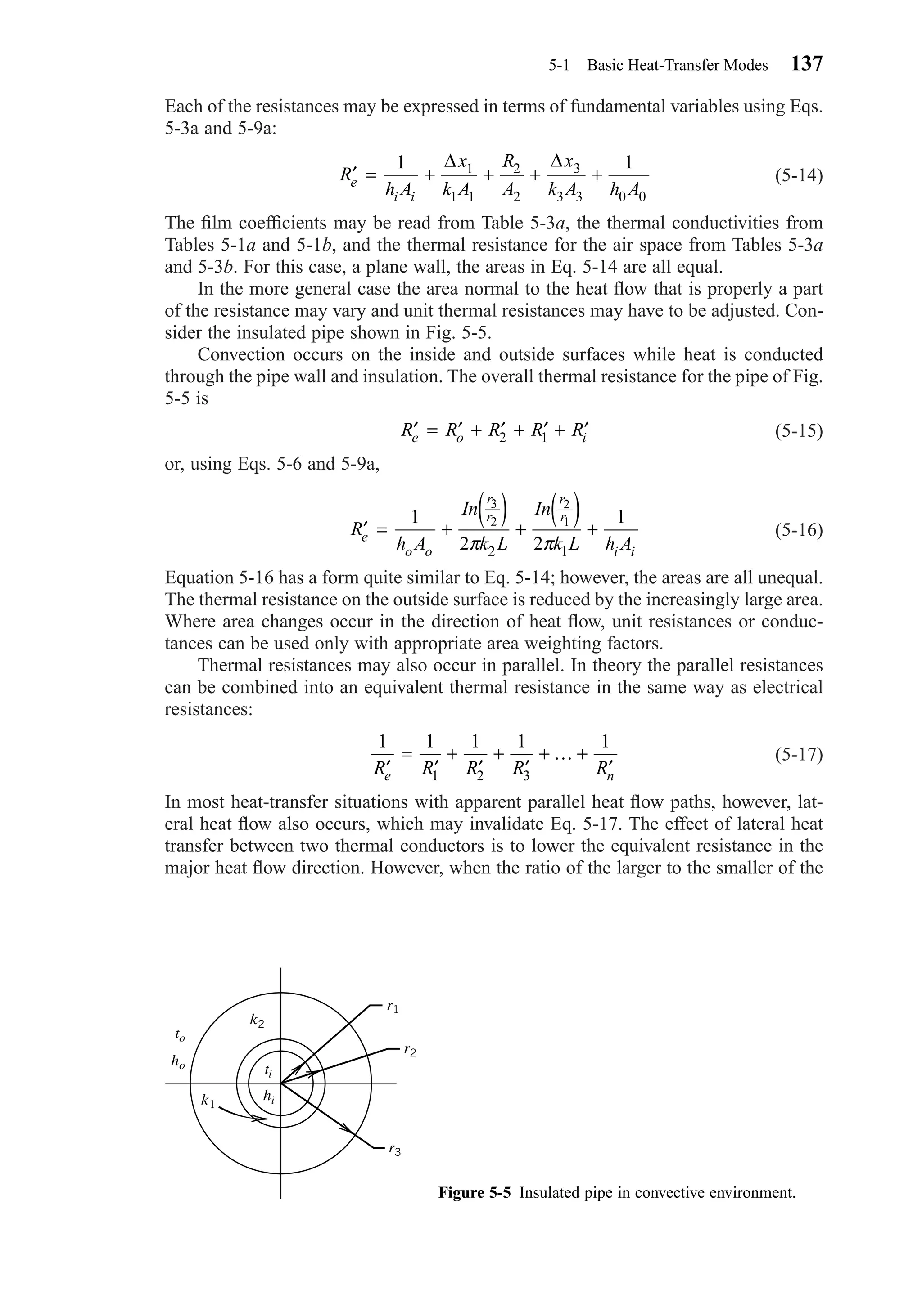 Each of the resistances may be expressed in terms of fundamental variables using Eqs.
5-3a and 5-9a:
(5-14)
The ﬁlm coefﬁcients may be read from Table 5-3a, the thermal conductivities from
Tables 5-1a and 5-1b, and the thermal resistance for the air space from Tables 5-3a
and 5-3b. For this case, a plane wall, the areas in Eq. 5-14 are all equal.
In the more general case the area normal to the heat ﬂow that is properly a part
of the resistance may vary and unit thermal resistances may have to be adjusted. Con-
sider the insulated pipe shown in Fig. 5-5.
Convection occurs on the inside and outside surfaces while heat is conducted
through the pipe wall and insulation. The overall thermal resistance for the pipe of Fig.
5-5 is
(5-15)
or, using Eqs. 5-6 and 5-9a,
(5-16)
Equation 5-16 has a form quite similar to Eq. 5-14; however, the areas are all unequal.
The thermal resistance on the outside surface is reduced by the increasingly large area.
Where area changes occur in the direction of heat ﬂow, unit resistances or conduc-
tances can be used only with appropriate area weighting factors.
Thermal resistances may also occur in parallel. In theory the parallel resistances
can be combined into an equivalent thermal resistance in the same way as electrical
resistances:
(5-17)
In most heat-transfer situations with apparent parallel heat ﬂow paths, however, lat-
eral heat ﬂow also occurs, which may invalidate Eq. 5-17. The effect of lateral heat
transfer between two thermal conductors is to lower the equivalent resistance in the
major heat ﬂow direction. However, when the ratio of the larger to the smaller of the
1 1 1 1 1
1 2 3′
=
′
+
′
+
′
+ +
′R R R R Re n
K
′ = +
( ) +
( ) +R
h A
In
k L
In
k L h Ae
o o
r
r
r
r
i i
1
2 2
1
3
2
2
1
2 1π π
′ = ′ + ′ + ′ + ′R R R R Re o i2 1
′ = + + + +R
h A
x
k A
R
A
x
k A h Ae
i i
1 11
1 1
2
2
3
3 3 0 0
∆ ∆
5-1 Basic Heat-Transfer Modes 137
to
ho ti
hik1
k2
r1
r2
r3
Figure 5-5 Insulated pipe in convective environment.
Chapter05.qxd 6/15/04 2:31 PM Page 137
 