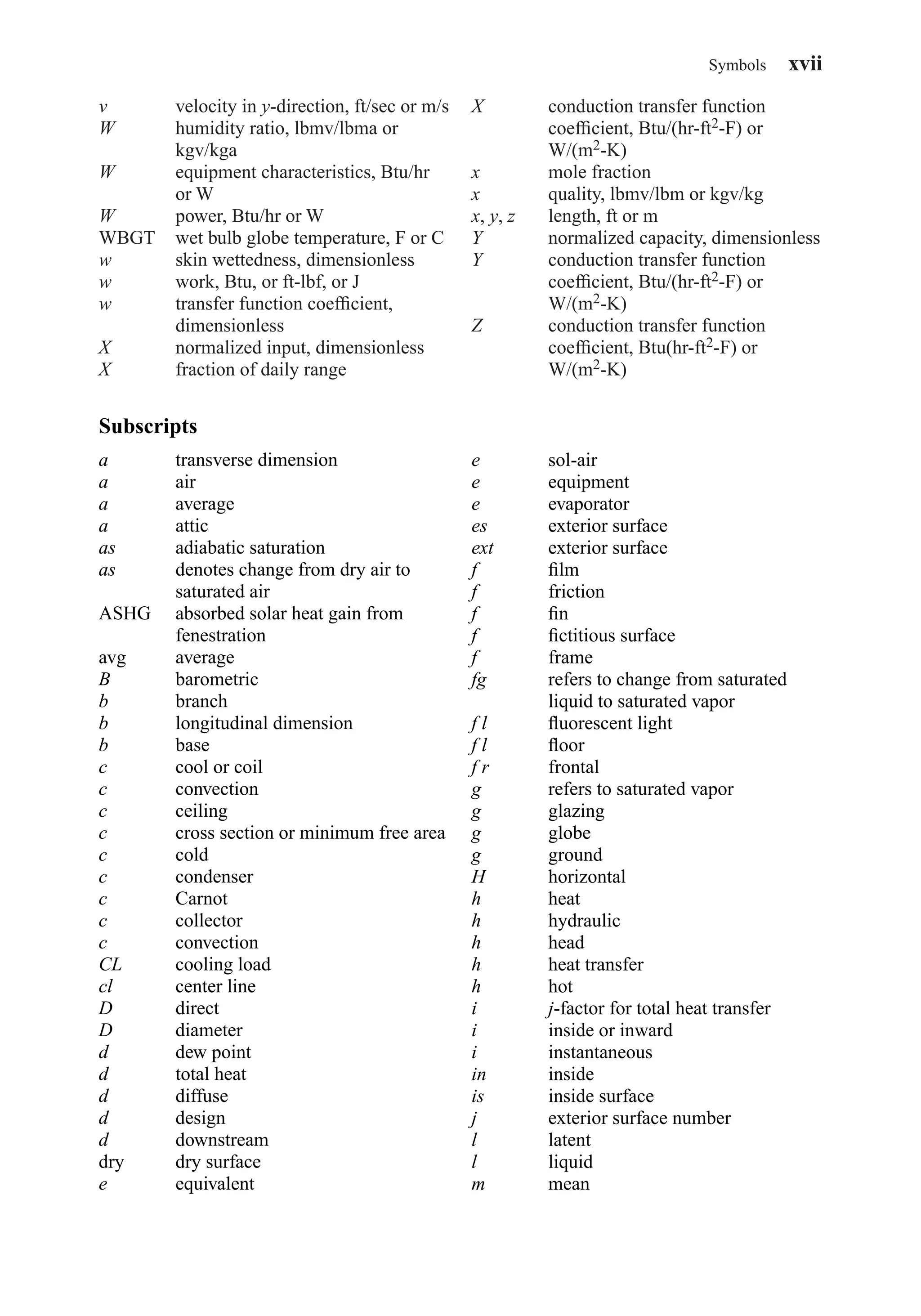 v velocity in y-direction, ft/sec or m/s
W humidity ratio, lbmv/lbma or
kgv/kga
W equipment characteristics, Btu/hr
or W
W power, Btu/hr or W
WBGT wet bulb globe temperature, F or C
w skin wettedness, dimensionless
w work, Btu, or ft-lbf, or J
w transfer function coefﬁcient,
dimensionless
X normalized input, dimensionless
X fraction of daily range
X conduction transfer function
coefﬁcient, Btu/(hr-ft2-F) or
W/(m2-K)
x mole fraction
x quality, lbmv/lbm or kgv/kg
x, y, z length, ft or m
Y normalized capacity, dimensionless
Y conduction transfer function
coefﬁcient, Btu/(hr-ft2-F) or
W/(m2-K)
Z conduction transfer function
coefﬁcient, Btu(hr-ft2-F) or
W/(m2-K)
Symbols xvii
Subscripts
a transverse dimension
a air
a average
a attic
as adiabatic saturation
as denotes change from dry air to
saturated air
ASHG absorbed solar heat gain from
fenestration
avg average
B barometric
b branch
b longitudinal dimension
b base
c cool or coil
c convection
c ceiling
c cross section or minimum free area
c cold
c condenser
c Carnot
c collector
c convection
CL cooling load
cl center line
D direct
D diameter
d dew point
d total heat
d diffuse
d design
d downstream
dry dry surface
e equivalent
e sol-air
e equipment
e evaporator
es exterior surface
ext exterior surface
f ﬁlm
f friction
f ﬁn
f ﬁctitious surface
f frame
fg refers to change from saturated
liquid to saturated vapor
f l ﬂuorescent light
f l ﬂoor
f r frontal
g refers to saturated vapor
g glazing
g globe
g ground
H horizontal
h heat
h hydraulic
h head
h heat transfer
h hot
i j-factor for total heat transfer
i inside or inward
i instantaneous
in inside
is inside surface
j exterior surface number
l latent
l liquid
m mean
FrontMatter.qxd 6/15/04 4:06 PM Page xvii
 