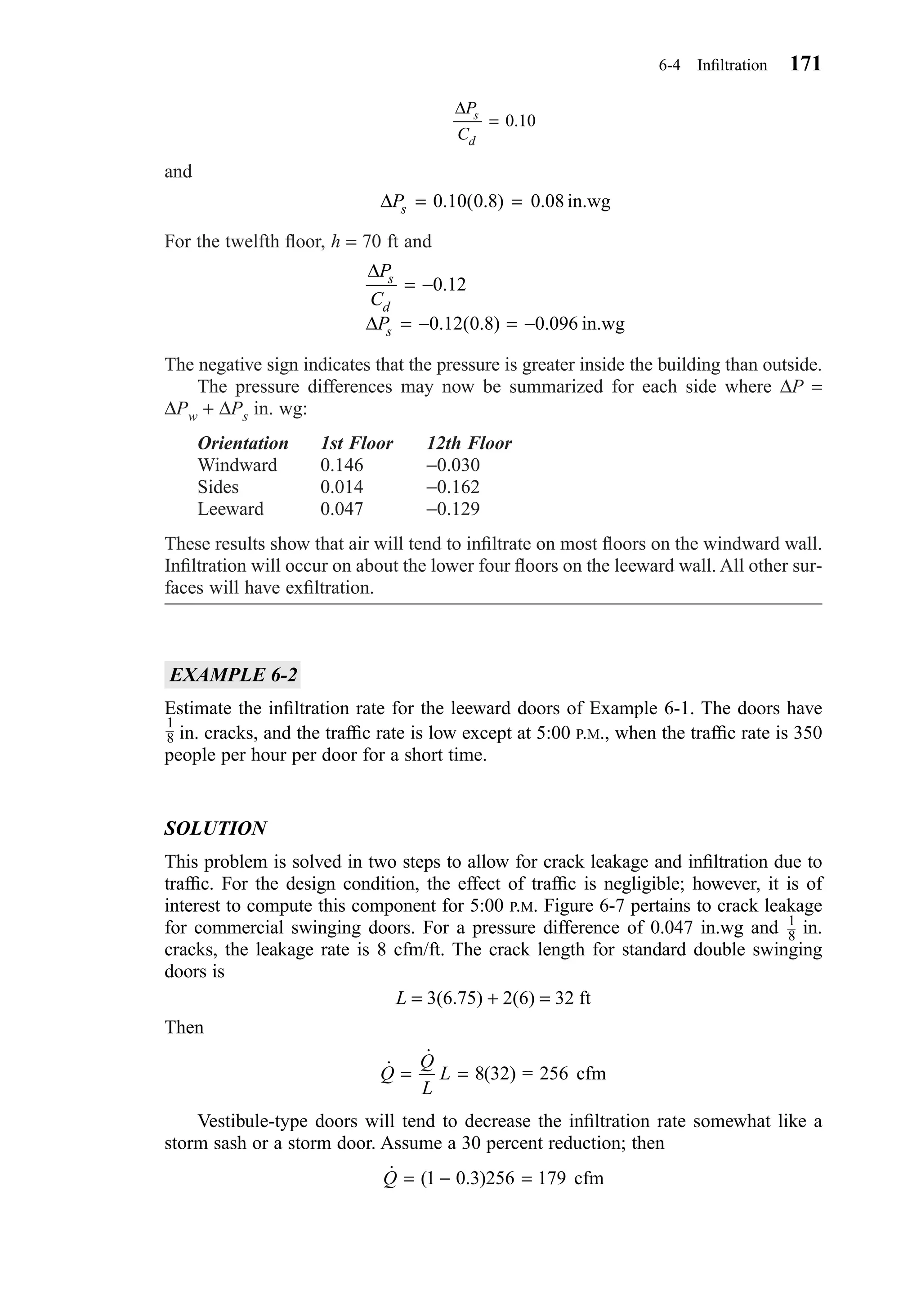 and
For the twelfth ﬂoor, h = 70 ft and
The negative sign indicates that the pressure is greater inside the building than outside.
The pressure differences may now be summarized for each side where ∆P =
∆Pw + ∆Ps in. wg:
Orientation 1st Floor 12th Floor
Windward 0.146 −0.030
Sides 0.014 −0.162
Leeward 0.047 −0.129
These results show that air will tend to inﬁltrate on most ﬂoors on the windward wall.
Inﬁltration will occur on about the lower four ﬂoors on the leeward wall. All other sur-
faces will have exﬁltration.
EXAMPLE 6-2
Estimate the inﬁltration rate for the leeward doors of Example 6-1. The doors have
in. cracks, and the trafﬁc rate is low except at 5:00 P.M., when the trafﬁc rate is 350
people per hour per door for a short time.
SOLUTION
This problem is solved in two steps to allow for crack leakage and inﬁltration due to
trafﬁc. For the design condition, the effect of trafﬁc is negligible; however, it is of
interest to compute this component for 5:00 P.M. Figure 6-7 pertains to crack leakage
for commercial swinging doors. For a pressure difference of 0.047 in.wg and in.
cracks, the leakage rate is 8 cfm/ft. The crack length for standard double swinging
doors is
L = 3(6.75) + 2(6) = 32 ft
Then
Vestibule-type doors will tend to decrease the inﬁltration rate somewhat like a
storm sash or a storm door. Assume a 30 percent reduction; then
˙ ( . )Q = − =1 0 3 256 179 cfm
˙
˙
(Q
Q
L
L= = 8 32) = 256 cfm
1
8
1
8
∆
∆
P
C
P
s
d
s
= −
= − = −
0 12
0 12 0 8 0 096
.
. ( . ) . in.wg
∆Ps = =0 10 0 8 0 08. ( . ) . in.wg
∆P
C
s
d
= 0 10.
6-4 Inﬁltration 171
Chapter06.qxd 6/15/04 2:35 PM Page 171
 