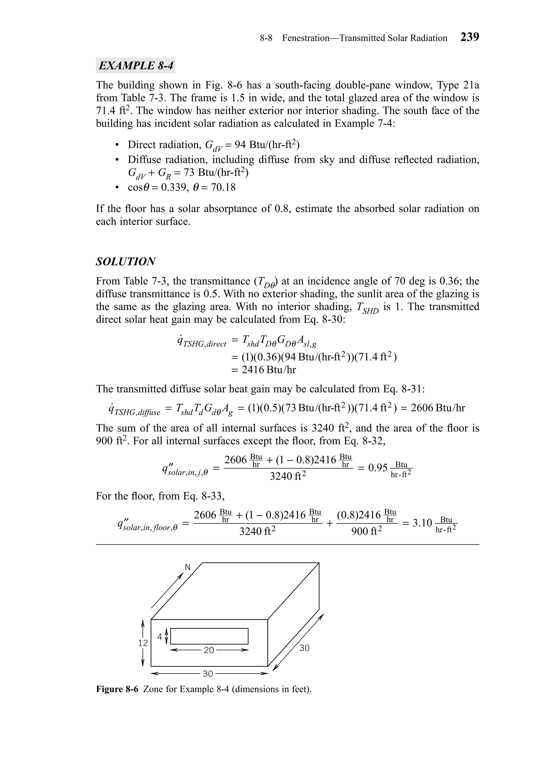 EXAMPLE 8-4
The building shown in Fig. 8-6 has a south-facing double-pane window, Type 21a
from Table 7-3. The frame is 1.5 in wide, and the total glazed area of the window is
71.4 ft2. The window has neither exterior nor interior shading. The south face of the
building has incident solar radiation as calculated in Example 7-4:
• Direct radiation, GdV = 94 Btu/(hr-ft2)
• Diffuse radiation, including diffuse from sky and diffuse reﬂected radiation,
GdV + GR = 73 Btu/(hr-ft2)
• cosθ = 0.339, θ = 70.18
If the ﬂoor has a solar absorptance of 0.8, estimate the absorbed solar radiation on
each interior surface.
SOLUTION
From Table 7-3, the transmittance (TDθ) at an incidence angle of 70 deg is 0.36; the
diffuse transmittance is 0.5. With no exterior shading, the sunlit area of the glazing is
the same as the glazing area. With no interior shading, TSHD is 1. The transmitted
direct solar heat gain may be calculated from Eq. 8-30:
The transmitted diffuse solar heat gain may be calculated from Eq. 8-31:
The sum of the area of all internal surfaces is 3240 ft2, and the area of the ﬂoor is
900 ft2. For all internal surfaces except the ﬂoor, from Eq. 8-32,
For the ﬂoor, from Eq. 8-33,
′′ =
+ −
+ =qsolar in floor, , ,
( . ) ( . )
.θ
2606 1 0 8 2416
3240
0 8 2416
900
3 10
Btu
hr
Btu
hr
2
Btu
hr
2
Btu
hr-ftft ft 2
′′ =
+ −
=qsolar in j, , ,
( . )
.θ
2606 1 0 8 2416
3240
0 95
Btu
hr
Btu
hr
2
Btu
hr-ftft 2
˙ ( )( . )( ))( . ),q T T G ATSHG diffuse shd d d g= = =θ 1 0 5 73 71 4 2606Btu/(hr-ft ft Btu/hr2 2
˙
( )( . )( ))( . )
, ,q T T G ATSHG direct shd D D sl g=
=
=
θ θ
1 0 36 94 71 4
2416
Btu/(hr-ft ft
Btu/hr
2 2
8-8 Fenestration—Transmitted Solar Radiation 239
Figure 8-6 Zone for Example 8-4 (dimensions in feet).
30
3020
4
N
12
Chapter08.qxd 6/15/04 4:06 PM Page 239
 