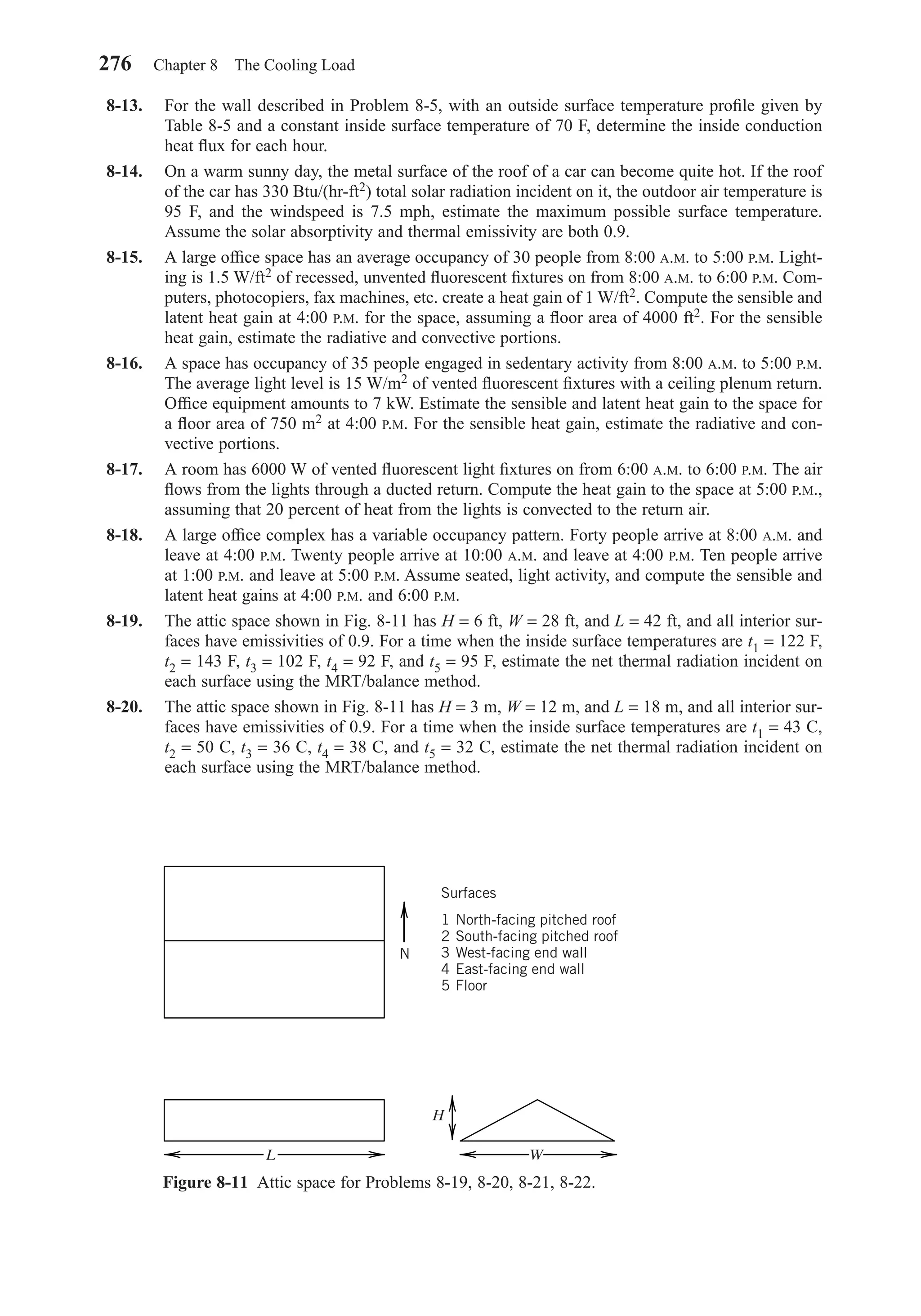 8-13. For the wall described in Problem 8-5, with an outside surface temperature proﬁle given by
Table 8-5 and a constant inside surface temperature of 70 F, determine the inside conduction
heat ﬂux for each hour.
8-14. On a warm sunny day, the metal surface of the roof of a car can become quite hot. If the roof
of the car has 330 Btu/(hr-ft2) total solar radiation incident on it, the outdoor air temperature is
95 F, and the windspeed is 7.5 mph, estimate the maximum possible surface temperature.
Assume the solar absorptivity and thermal emissivity are both 0.9.
8-15. A large ofﬁce space has an average occupancy of 30 people from 8:00 A.M. to 5:00 P.M. Light-
ing is 1.5 W/ft2 of recessed, unvented ﬂuorescent ﬁxtures on from 8:00 A.M. to 6:00 P.M. Com-
puters, photocopiers, fax machines, etc. create a heat gain of 1 W/ft2. Compute the sensible and
latent heat gain at 4:00 P.M. for the space, assuming a ﬂoor area of 4000 ft2. For the sensible
heat gain, estimate the radiative and convective portions.
8-16. A space has occupancy of 35 people engaged in sedentary activity from 8:00 A.M. to 5:00 P.M.
The average light level is 15 W/m2 of vented ﬂuorescent ﬁxtures with a ceiling plenum return.
Ofﬁce equipment amounts to 7 kW. Estimate the sensible and latent heat gain to the space for
a ﬂoor area of 750 m2 at 4:00 P.M. For the sensible heat gain, estimate the radiative and con-
vective portions.
8-17. A room has 6000 W of vented ﬂuorescent light ﬁxtures on from 6:00 A.M. to 6:00 P.M. The air
ﬂows from the lights through a ducted return. Compute the heat gain to the space at 5:00 P.M.,
assuming that 20 percent of heat from the lights is convected to the return air.
8-18. A large ofﬁce complex has a variable occupancy pattern. Forty people arrive at 8:00 A.M. and
leave at 4:00 P.M. Twenty people arrive at 10:00 A.M. and leave at 4:00 P.M. Ten people arrive
at 1:00 P.M. and leave at 5:00 P.M. Assume seated, light activity, and compute the sensible and
latent heat gains at 4:00 P.M. and 6:00 P.M.
8-19. The attic space shown in Fig. 8-11 has H = 6 ft, W = 28 ft, and L = 42 ft, and all interior sur-
faces have emissivities of 0.9. For a time when the inside surface temperatures are t1 = 122 F,
t2 = 143 F, t3 = 102 F, t4 = 92 F, and t5 = 95 F, estimate the net thermal radiation incident on
each surface using the MRT/balance method.
8-20. The attic space shown in Fig. 8-11 has H = 3 m, W = 12 m, and L = 18 m, and all interior sur-
faces have emissivities of 0.9. For a time when the inside surface temperatures are t1 = 43 C,
t2 = 50 C, t3 = 36 C, t4 = 38 C, and t5 = 32 C, estimate the net thermal radiation incident on
each surface using the MRT/balance method.
276 Chapter 8 The Cooling Load
Figure 8-11 Attic space for Problems 8-19, 8-20, 8-21, 8-22.
L W
H
N
Surfaces
1
2
3
4
5
North-facing pitched roof
South-facing pitched roof
West-facing end wall
East-facing end wall
Floor
Chapter08.qxd 6/15/04 4:06 PM Page 276
 