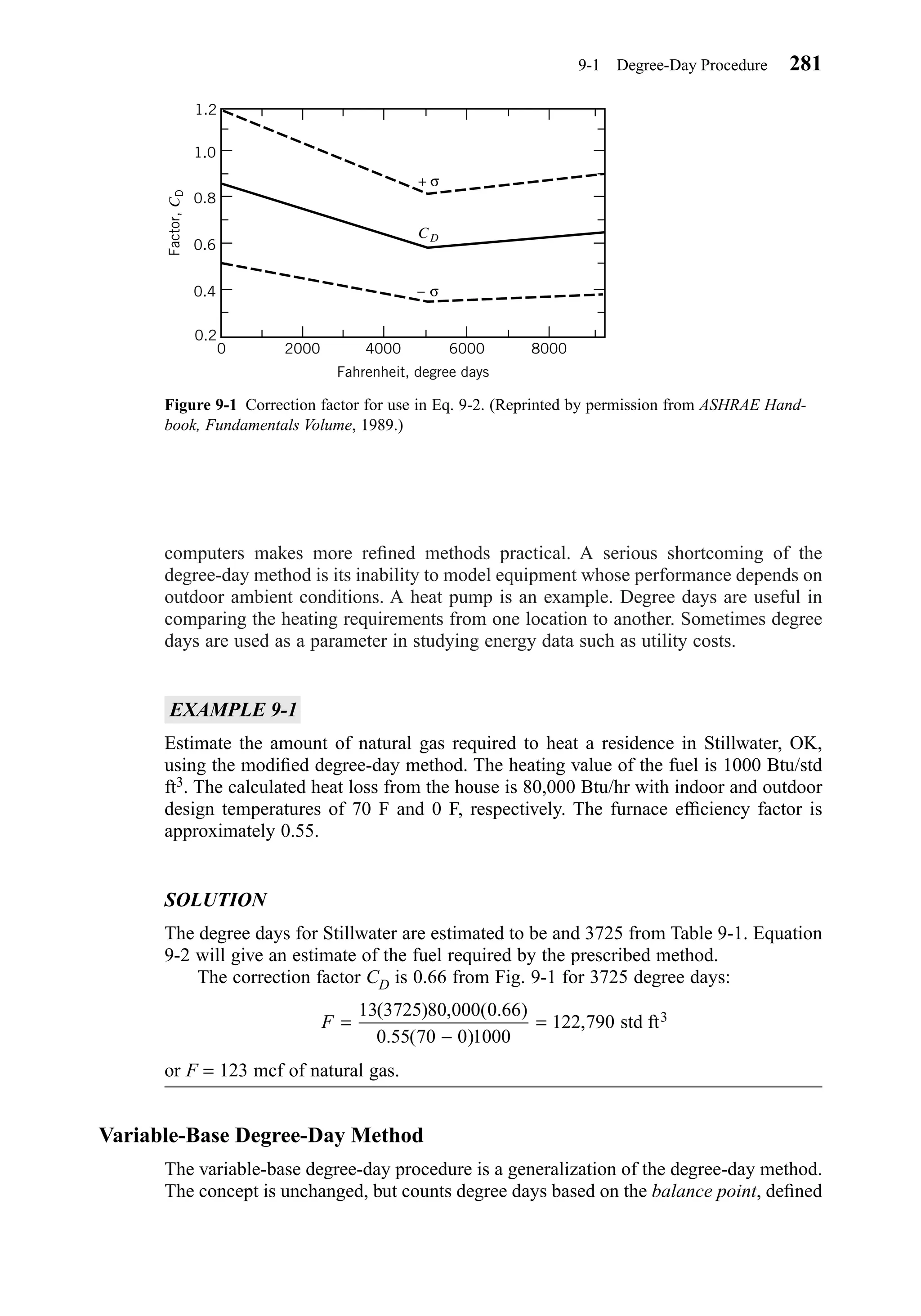 computers makes more reﬁned methods practical. A serious shortcoming of the
degree-day method is its inability to model equipment whose performance depends on
outdoor ambient conditions. A heat pump is an example. Degree days are useful in
comparing the heating requirements from one location to another. Sometimes degree
days are used as a parameter in studying energy data such as utility costs.
EXAMPLE 9-1
Estimate the amount of natural gas required to heat a residence in Stillwater, OK,
using the modiﬁed degree-day method. The heating value of the fuel is 1000 Btu/std
ft3. The calculated heat loss from the house is 80,000 Btu/hr with indoor and outdoor
design temperatures of 70 F and 0 F, respectively. The furnace efﬁciency factor is
approximately 0.55.
SOLUTION
The degree days for Stillwater are estimated to be and 3725 from Table 9-1. Equation
9-2 will give an estimate of the fuel required by the prescribed method.
The correction factor CD is 0.66 from Fig. 9-1 for 3725 degree days:
or F = 123 mcf of natural gas.
Variable-Base Degree-Day Method
The variable-base degree-day procedure is a generalization of the degree-day method.
The concept is unchanged, but counts degree days based on the balance point, deﬁned
F =
−
=
13 3725 80 000 0 66
0 55 70 0 1000
122 790 3( ) , ( . )
. ( )
, std ft
9-1 Degree-Day Procedure 281
Figure 9-1 Correction factor for use in Eq. 9-2. (Reprinted by permission from ASHRAE Hand-
book, Fundamentals Volume, 1989.)
1.2
1.0
0.8
0.6
0.4
0.2
0 2000 4000 6000 8000
Factor,CD
Fahrenheit, degree days
CD
+ σ
– σ
Chapter09.qxd 6/15/04 2:33 PM Page 281
 