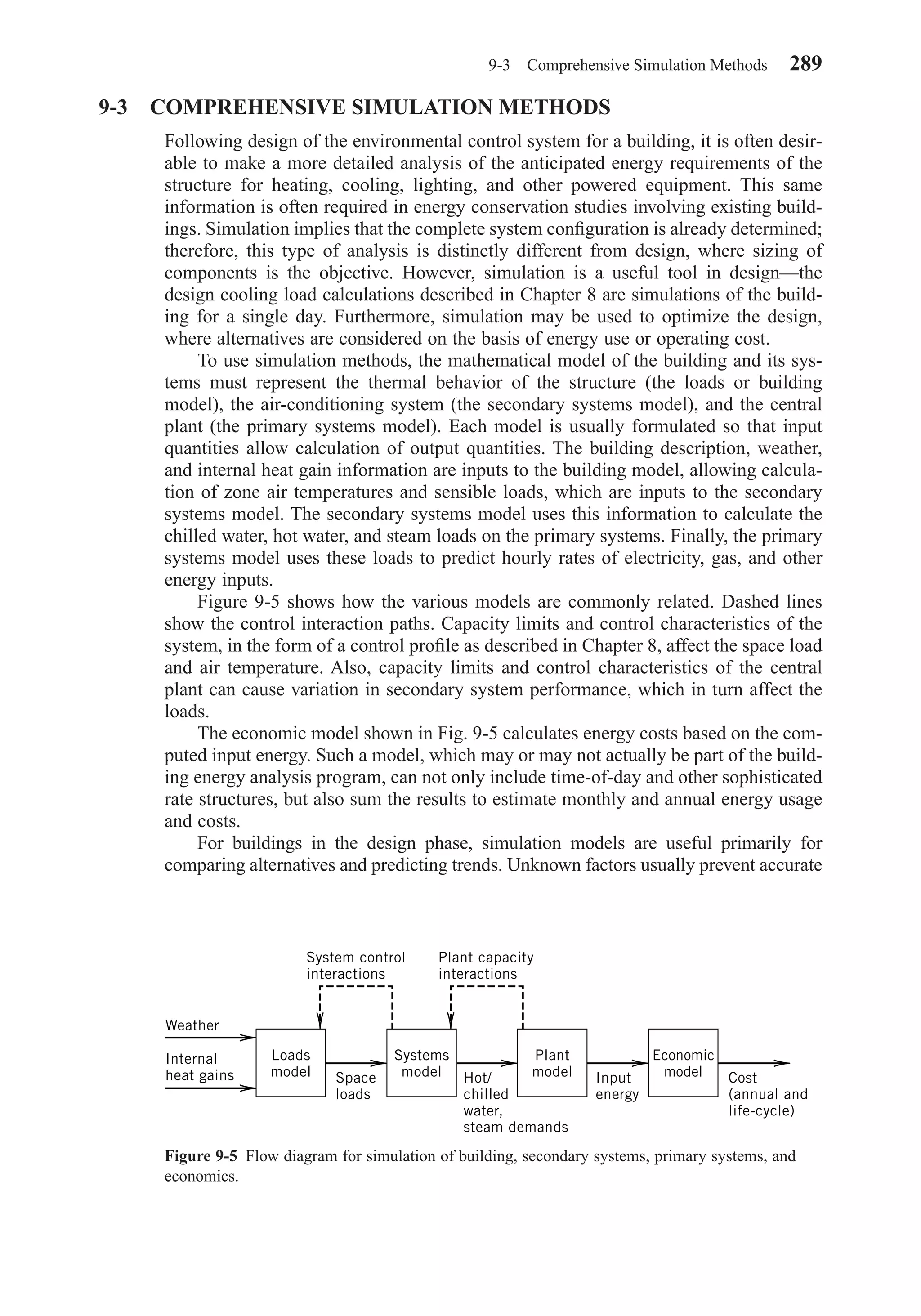9-3 COMPREHENSIVE SIMULATION METHODS
Following design of the environmental control system for a building, it is often desir-
able to make a more detailed analysis of the anticipated energy requirements of the
structure for heating, cooling, lighting, and other powered equipment. This same
information is often required in energy conservation studies involving existing build-
ings. Simulation implies that the complete system conﬁguration is already determined;
therefore, this type of analysis is distinctly different from design, where sizing of
components is the objective. However, simulation is a useful tool in design—the
design cooling load calculations described in Chapter 8 are simulations of the build-
ing for a single day. Furthermore, simulation may be used to optimize the design,
where alternatives are considered on the basis of energy use or operating cost.
To use simulation methods, the mathematical model of the building and its sys-
tems must represent the thermal behavior of the structure (the loads or building
model), the air-conditioning system (the secondary systems model), and the central
plant (the primary systems model). Each model is usually formulated so that input
quantities allow calculation of output quantities. The building description, weather,
and internal heat gain information are inputs to the building model, allowing calcula-
tion of zone air temperatures and sensible loads, which are inputs to the secondary
systems model. The secondary systems model uses this information to calculate the
chilled water, hot water, and steam loads on the primary systems. Finally, the primary
systems model uses these loads to predict hourly rates of electricity, gas, and other
energy inputs.
Figure 9-5 shows how the various models are commonly related. Dashed lines
show the control interaction paths. Capacity limits and control characteristics of the
system, in the form of a control proﬁle as described in Chapter 8, affect the space load
and air temperature. Also, capacity limits and control characteristics of the central
plant can cause variation in secondary system performance, which in turn affect the
loads.
The economic model shown in Fig. 9-5 calculates energy costs based on the com-
puted input energy. Such a model, which may or may not actually be part of the build-
ing energy analysis program, can not only include time-of-day and other sophisticated
rate structures, but also sum the results to estimate monthly and annual energy usage
and costs.
For buildings in the design phase, simulation models are useful primarily for
comparing alternatives and predicting trends. Unknown factors usually prevent accurate
9-3 Comprehensive Simulation Methods 289
Figure 9-5 Flow diagram for simulation of building, secondary systems, primary systems, and
economics.
Loads
model
System control
interactions
Space
loads
Hot/
chilled
water,
steam demands
Input
energy
Cost
(annual and
life-cycle)
Internal
heat gains
Weather
Systems
model
Plant capacity
interactions
Plant
model
Economic
model
Chapter09.qxd 6/15/04 2:33 PM Page 289
 