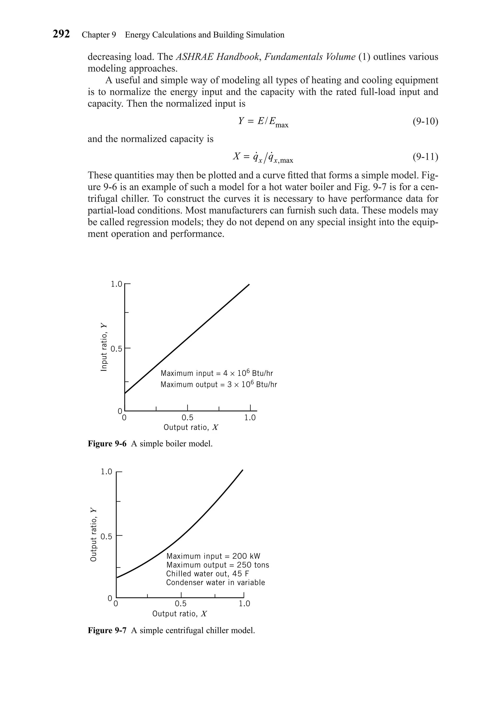 decreasing load. The ASHRAE Handbook, Fundamentals Volume (1) outlines various
modeling approaches.
A useful and simple way of modeling all types of heating and cooling equipment
is to normalize the energy input and the capacity with the rated full-load input and
capacity. Then the normalized input is
(9-10)
and the normalized capacity is
(9-11)
These quantities may then be plotted and a curve ﬁtted that forms a simple model. Fig-
ure 9-6 is an example of such a model for a hot water boiler and Fig. 9-7 is for a cen-
trifugal chiller. To construct the curves it is necessary to have performance data for
partial-load conditions. Most manufacturers can furnish such data. These models may
be called regression models; they do not depend on any special insight into the equip-
ment operation and performance.
X q qx x= ˙ ˙ ,max
Y E E= / max
292 Chapter 9 Energy Calculations and Building Simulation
Figure 9-6 A simple boiler model.
1.0
0.5
0
0 0.5 1.0
Output ratio, X
Inputratio,Y
Maximum input = 4 × 106
Btu/hr
Maximum output = 3 × 106
Btu/hr
Figure 9-7 A simple centrifugal chiller model.
Maximum input = 200 kW
Maximum output = 250 tons
Chilled water out, 45 F
Condenser water in variable
1.0
0.5
0
0 0.5 1.0
Output ratio, X
Outputratio,Y
Chapter09.qxd 6/15/04 2:33 PM Page 292
 