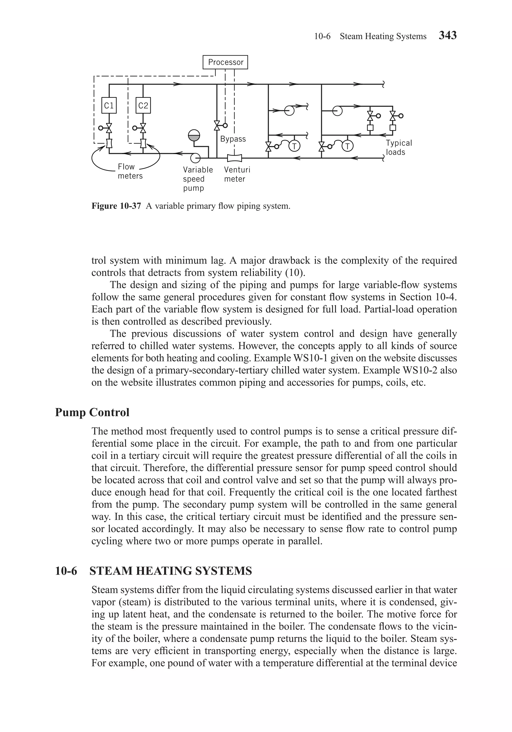 trol system with minimum lag. A major drawback is the complexity of the required
controls that detracts from system reliability (10).
The design and sizing of the piping and pumps for large variable-ﬂow systems
follow the same general procedures given for constant ﬂow systems in Section 10-4.
Each part of the variable ﬂow system is designed for full load. Partial-load operation
is then controlled as described previously.
The previous discussions of water system control and design have generally
referred to chilled water systems. However, the concepts apply to all kinds of source
elements for both heating and cooling. Example WS10-1 given on the website discusses
the design of a primary-secondary-tertiary chilled water system. Example WS10-2 also
on the website illustrates common piping and accessories for pumps, coils, etc.
Pump Control
The method most frequently used to control pumps is to sense a critical pressure dif-
ferential some place in the circuit. For example, the path to and from one particular
coil in a tertiary circuit will require the greatest pressure differential of all the coils in
that circuit. Therefore, the differential pressure sensor for pump speed control should
be located across that coil and control valve and set so that the pump will always pro-
duce enough head for that coil. Frequently the critical coil is the one located farthest
from the pump. The secondary pump system will be controlled in the same general
way. In this case, the critical tertiary circuit must be identiﬁed and the pressure sen-
sor located accordingly. It may also be necessary to sense ﬂow rate to control pump
cycling where two or more pumps operate in parallel.
10-6 STEAM HEATING SYSTEMS
Steam systems differ from the liquid circulating systems discussed earlier in that water
vapor (steam) is distributed to the various terminal units, where it is condensed, giv-
ing up latent heat, and the condensate is returned to the boiler. The motive force for
the steam is the pressure maintained in the boiler. The condensate ﬂows to the vicin-
ity of the boiler, where a condensate pump returns the liquid to the boiler. Steam sys-
tems are very efﬁcient in transporting energy, especially when the distance is large.
For example, one pound of water with a temperature differential at the terminal device
10-6 Steam Heating Systems 343
Figure 10-37 A variable primary ﬂow piping system.
T Typical
loads
T
Processor
Flow
meters
Variable
speed
pump
Venturi
meter
Bypass
C2C1
Chapter10.qxd 6/15/04 2:33 PM Page 343
 
