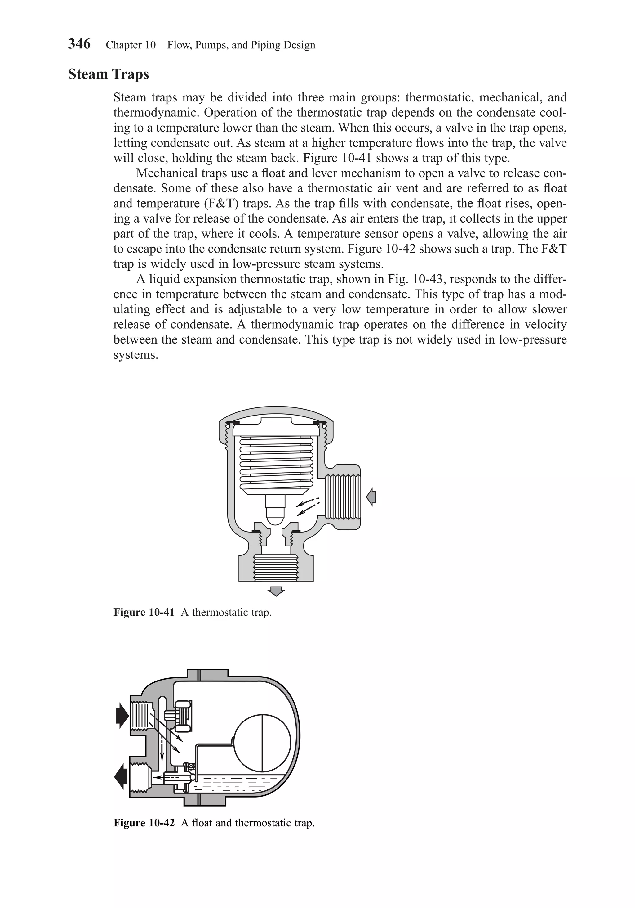 Steam Traps
Steam traps may be divided into three main groups: thermostatic, mechanical, and
thermodynamic. Operation of the thermostatic trap depends on the condensate cool-
ing to a temperature lower than the steam. When this occurs, a valve in the trap opens,
letting condensate out. As steam at a higher temperature ﬂows into the trap, the valve
will close, holding the steam back. Figure 10-41 shows a trap of this type.
Mechanical traps use a ﬂoat and lever mechanism to open a valve to release con-
densate. Some of these also have a thermostatic air vent and are referred to as ﬂoat
and temperature (F&T) traps. As the trap ﬁlls with condensate, the ﬂoat rises, open-
ing a valve for release of the condensate. As air enters the trap, it collects in the upper
part of the trap, where it cools. A temperature sensor opens a valve, allowing the air
to escape into the condensate return system. Figure 10-42 shows such a trap. The F&T
trap is widely used in low-pressure steam systems.
A liquid expansion thermostatic trap, shown in Fig. 10-43, responds to the differ-
ence in temperature between the steam and condensate. This type of trap has a mod-
ulating effect and is adjustable to a very low temperature in order to allow slower
release of condensate. A thermodynamic trap operates on the difference in velocity
between the steam and condensate. This type trap is not widely used in low-pressure
systems.
346 Chapter 10 Flow, Pumps, and Piping Design
Figure 10-41 A thermostatic trap.
Figure 10-42 A ﬂoat and thermostatic trap.
Chapter10.qxd 6/15/04 2:33 PM Page 346
 