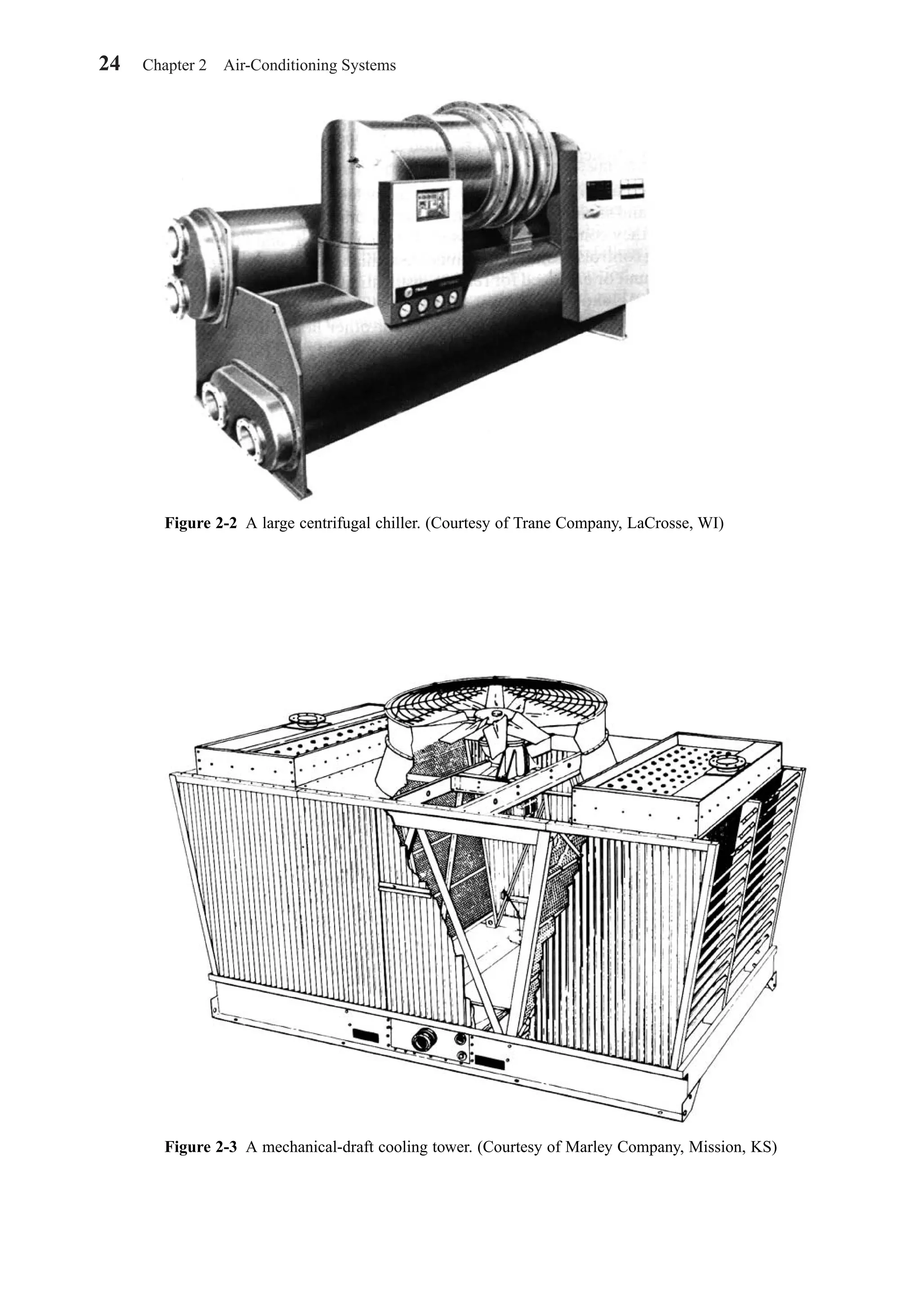 24 Chapter 2 Air-Conditioning Systems
Figure 2-2 A large centrifugal chiller. (Courtesy of Trane Company, LaCrosse, WI)
Figure 2-3 A mechanical-draft cooling tower. (Courtesy of Marley Company, Mission, KS)
Chapter02.qxd 6/15/04 2:32 PM Page 24
 