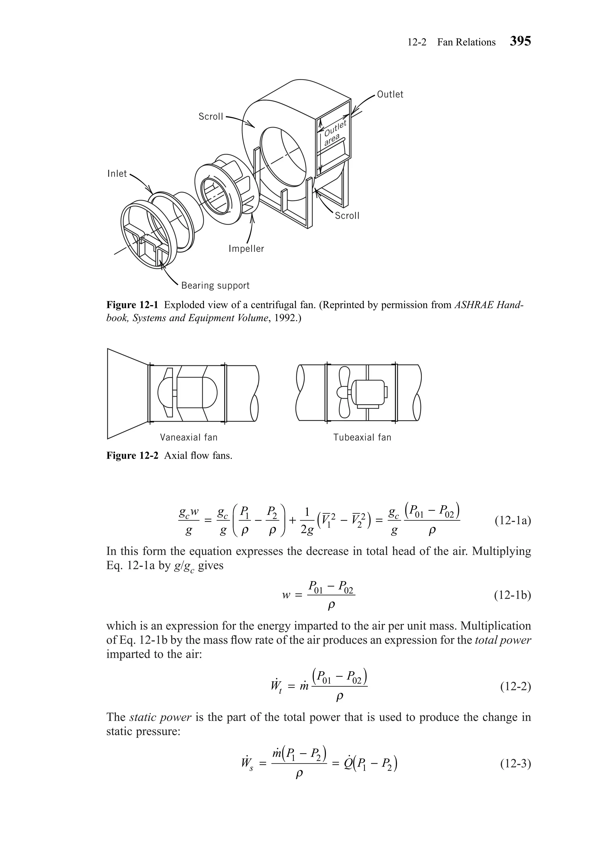 (12-1a)
In this form the equation expresses the decrease in total head of the air. Multiplying
Eq. 12-1a by g/gc gives
(12-1b)
which is an expression for the energy imparted to the air per unit mass. Multiplication
of Eq. 12-1b by the mass ﬂow rate of the air produces an expression for the total power
imparted to the air:
(12-2)
The static power is the part of the total power that is used to produce the change in
static pressure:
(12-3)˙
˙
˙W
m P P
Q P Ps =
−( ) = −( )1 2
1 2
ρ
˙ ˙W m
P P
t =
−( )01 02
ρ
w
P P
=
−01 02
ρ
g w
g
g
g
P P
g
V V
g
g
P Pc c c
= −





 + −( ) =
−( )1 2
1
2
2
2 01 021
2ρ ρ ρ
12-2 Fan Relations 395
Figure 12-1 Exploded view of a centrifugal fan. (Reprinted by permission from ASHRAE Hand-
book, Systems and Equipment Volume, 1992.)
Outlet
area
Outlet
Scroll
Impeller
Bearing support
Inlet
Scroll
Figure 12-2 Axial ﬂow fans.
Vaneaxial fan Tubeaxial fan
Chapter12.qxd 6/15/04 4:10 PM Page 395
 