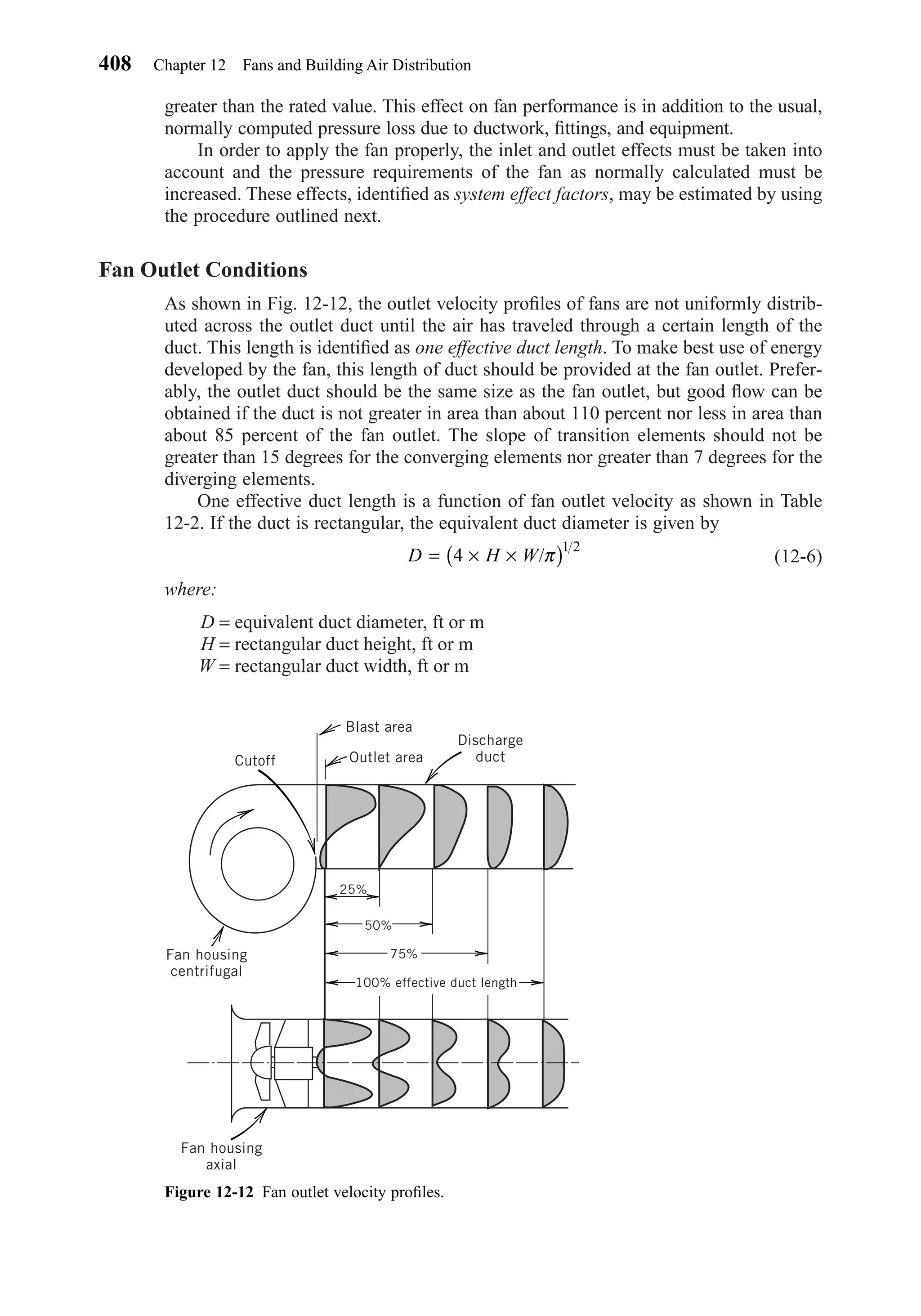 greater than the rated value. This effect on fan performance is in addition to the usual,
normally computed pressure loss due to ductwork, ﬁttings, and equipment.
In order to apply the fan properly, the inlet and outlet effects must be taken into
account and the pressure requirements of the fan as normally calculated must be
increased. These effects, identiﬁed as system effect factors, may be estimated by using
the procedure outlined next.
Fan Outlet Conditions
As shown in Fig. 12-12, the outlet velocity proﬁles of fans are not uniformly distrib-
uted across the outlet duct until the air has traveled through a certain length of the
duct. This length is identiﬁed as one effective duct length. To make best use of energy
developed by the fan, this length of duct should be provided at the fan outlet. Prefer-
ably, the outlet duct should be the same size as the fan outlet, but good ﬂow can be
obtained if the duct is not greater in area than about 110 percent nor less in area than
about 85 percent of the fan outlet. The slope of transition elements should not be
greater than 15 degrees for the converging elements nor greater than 7 degrees for the
diverging elements.
One effective duct length is a function of fan outlet velocity as shown in Table
12-2. If the duct is rectangular, the equivalent duct diameter is given by
(12-6)
where:
D = equivalent duct diameter, ft or m
H = rectangular duct height, ft or m
W = rectangular duct width, ft or m
D H W= × ×( )4
1 2
/π
408 Chapter 12 Fans and Building Air Distribution
Figure 12-12 Fan outlet velocity proﬁles.
25%
50%
75%
100% effective duct length
Cutoff
Fan housing
centrifugal
Fan housing
axial
Blast area
Outlet area
Discharge
duct
Chapter12.qxd 6/15/04 4:10 PM Page 408
 