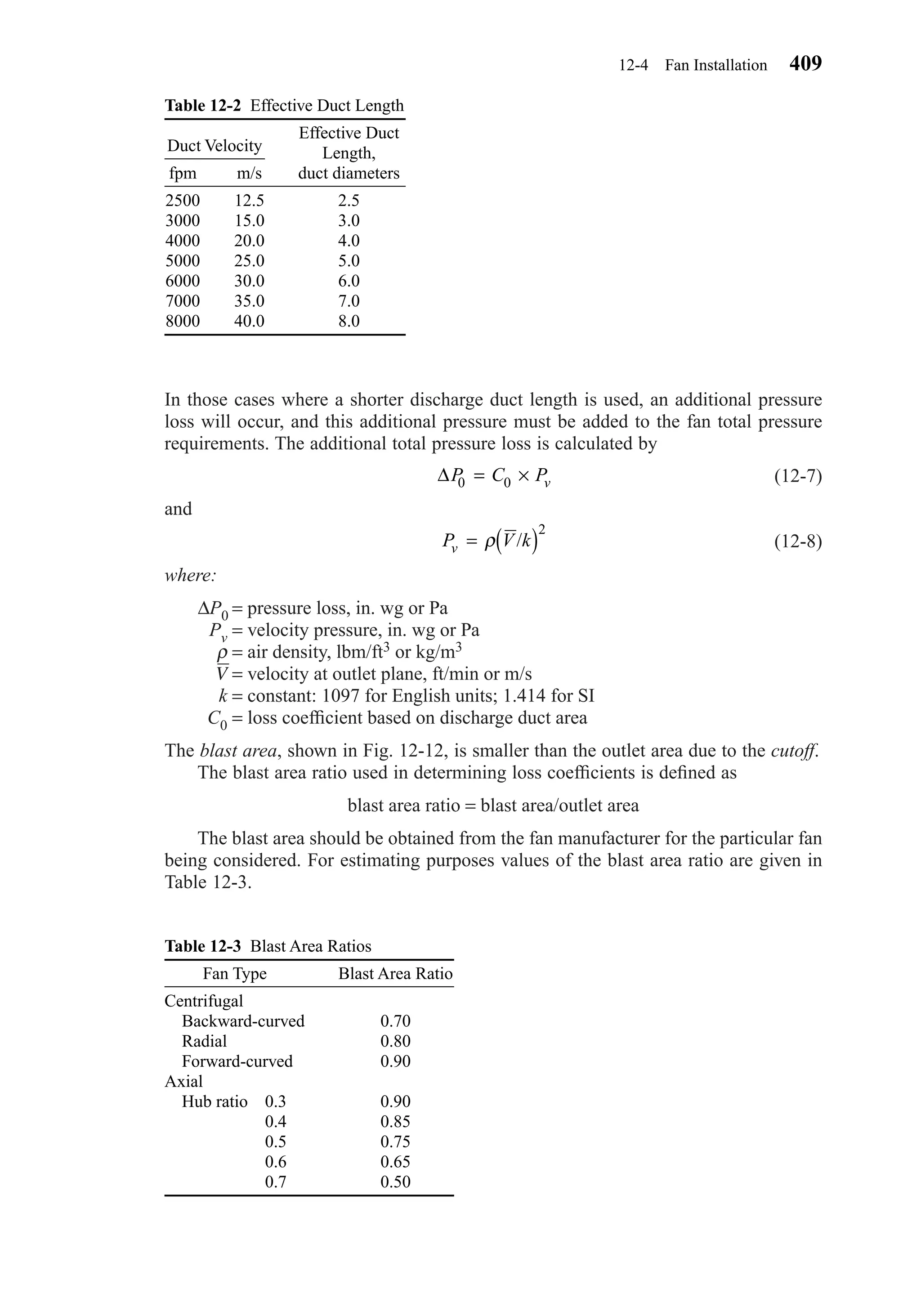 In those cases where a shorter discharge duct length is used, an additional pressure
loss will occur, and this additional pressure must be added to the fan total pressure
requirements. The additional total pressure loss is calculated by
(12-7)
and
(12-8)
where:
∆P0 = pressure loss, in. wg or Pa
Pv = velocity pressure, in. wg or Pa
ρ = air density, lbm/ft3 or kg/m3
V = velocity at outlet plane, ft/min or m/s
k = constant: 1097 for English units; 1.414 for SI
C0 = loss coefﬁcient based on discharge duct area
The blast area, shown in Fig. 12-12, is smaller than the outlet area due to the cutoff.
The blast area ratio used in determining loss coefﬁcients is deﬁned as
blast area ratio = blast area/outlet area
The blast area should be obtained from the fan manufacturer for the particular fan
being considered. For estimating purposes values of the blast area ratio are given in
Table 12-3.
P V kv = ( )ρ /
2
∆P C Pv0 0= ×
12-4 Fan Installation 409
Table 12-2 Effective Duct Length
Effective Duct
Length,
fpm m/s duct diameters
2500 12.5 2.5
3000 15.0 3.0
4000 20.0 4.0
5000 25.0 5.0
6000 30.0 6.0
7000 35.0 7.0
8000 40.0 8.0
Duct Velocity
Table 12-3 Blast Area Ratios
Fan Type Blast Area Ratio
Centrifugal
Backward-curved 0.70
Radial 0.80
Forward-curved 0.90
Axial
Hub ratio 0.3 0.90
0.4 0.85
0.5 0.75
0.6 0.65
0.7 0.50
Chapter12.qxd 6/15/04 4:10 PM Page 409
 