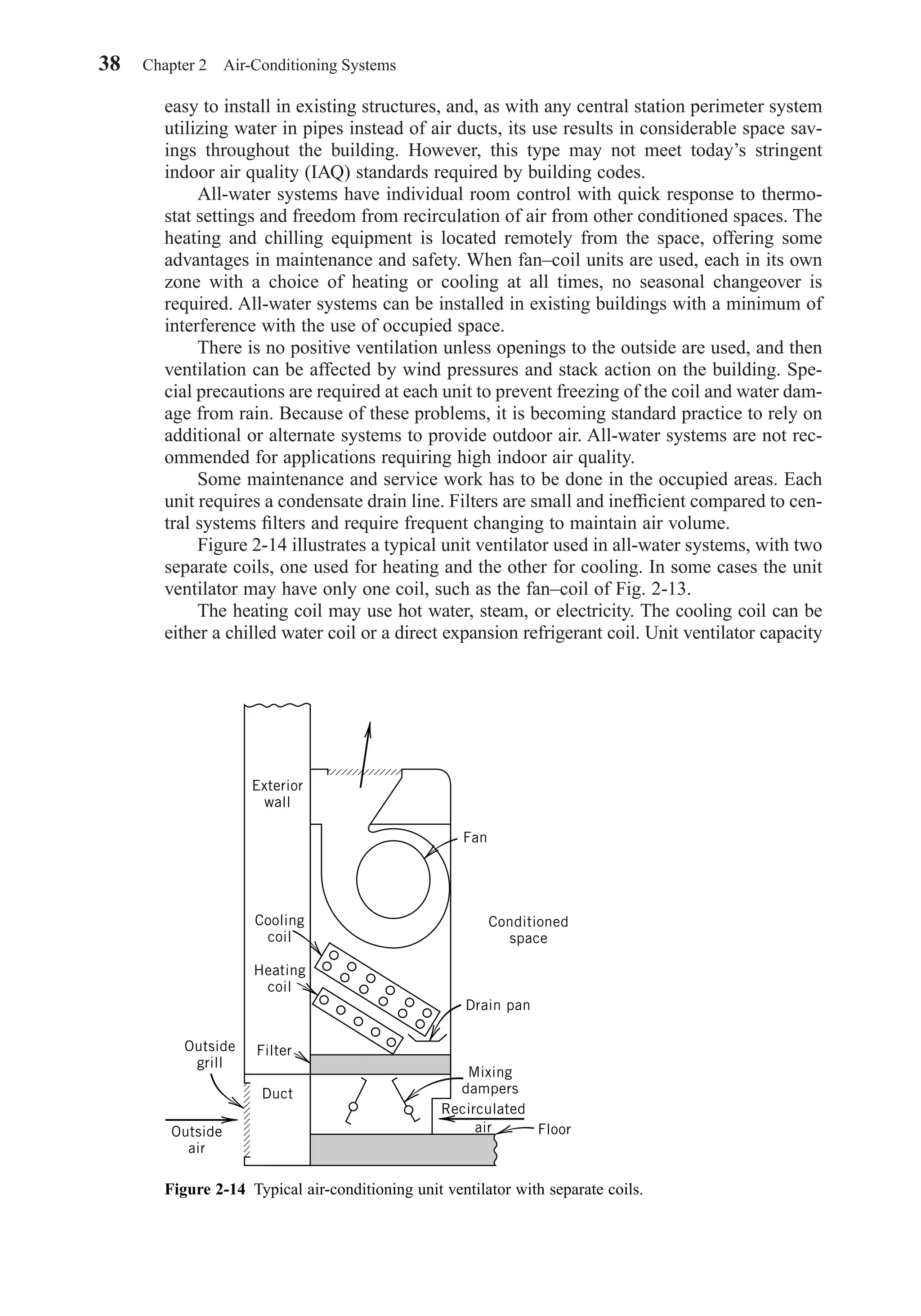 easy to install in existing structures, and, as with any central station perimeter system
utilizing water in pipes instead of air ducts, its use results in considerable space sav-
ings throughout the building. However, this type may not meet today’s stringent
indoor air quality (IAQ) standards required by building codes.
All-water systems have individual room control with quick response to thermo-
stat settings and freedom from recirculation of air from other conditioned spaces. The
heating and chilling equipment is located remotely from the space, offering some
advantages in maintenance and safety. When fan–coil units are used, each in its own
zone with a choice of heating or cooling at all times, no seasonal changeover is
required. All-water systems can be installed in existing buildings with a minimum of
interference with the use of occupied space.
There is no positive ventilation unless openings to the outside are used, and then
ventilation can be affected by wind pressures and stack action on the building. Spe-
cial precautions are required at each unit to prevent freezing of the coil and water dam-
age from rain. Because of these problems, it is becoming standard practice to rely on
additional or alternate systems to provide outdoor air. All-water systems are not rec-
ommended for applications requiring high indoor air quality.
Some maintenance and service work has to be done in the occupied areas. Each
unit requires a condensate drain line. Filters are small and inefﬁcient compared to cen-
tral systems ﬁlters and require frequent changing to maintain air volume.
Figure 2-14 illustrates a typical unit ventilator used in all-water systems, with two
separate coils, one used for heating and the other for cooling. In some cases the unit
ventilator may have only one coil, such as the fan–coil of Fig. 2-13.
The heating coil may use hot water, steam, or electricity. The cooling coil can be
either a chilled water coil or a direct expansion refrigerant coil. Unit ventilator capacity
38 Chapter 2 Air-Conditioning Systems
Figure 2-14 Typical air-conditioning unit ventilator with separate coils.
;;
Drain pan
Fan
Mixing
dampers
Conditioned
space
Outside
grill
Outside
air
Recirculated
air Floor
Cooling
coil
Heating
coil
Filter
;
;
Exterior
wall
Duct
Chapter02.qxd 6/15/04 2:32 PM Page 38
 