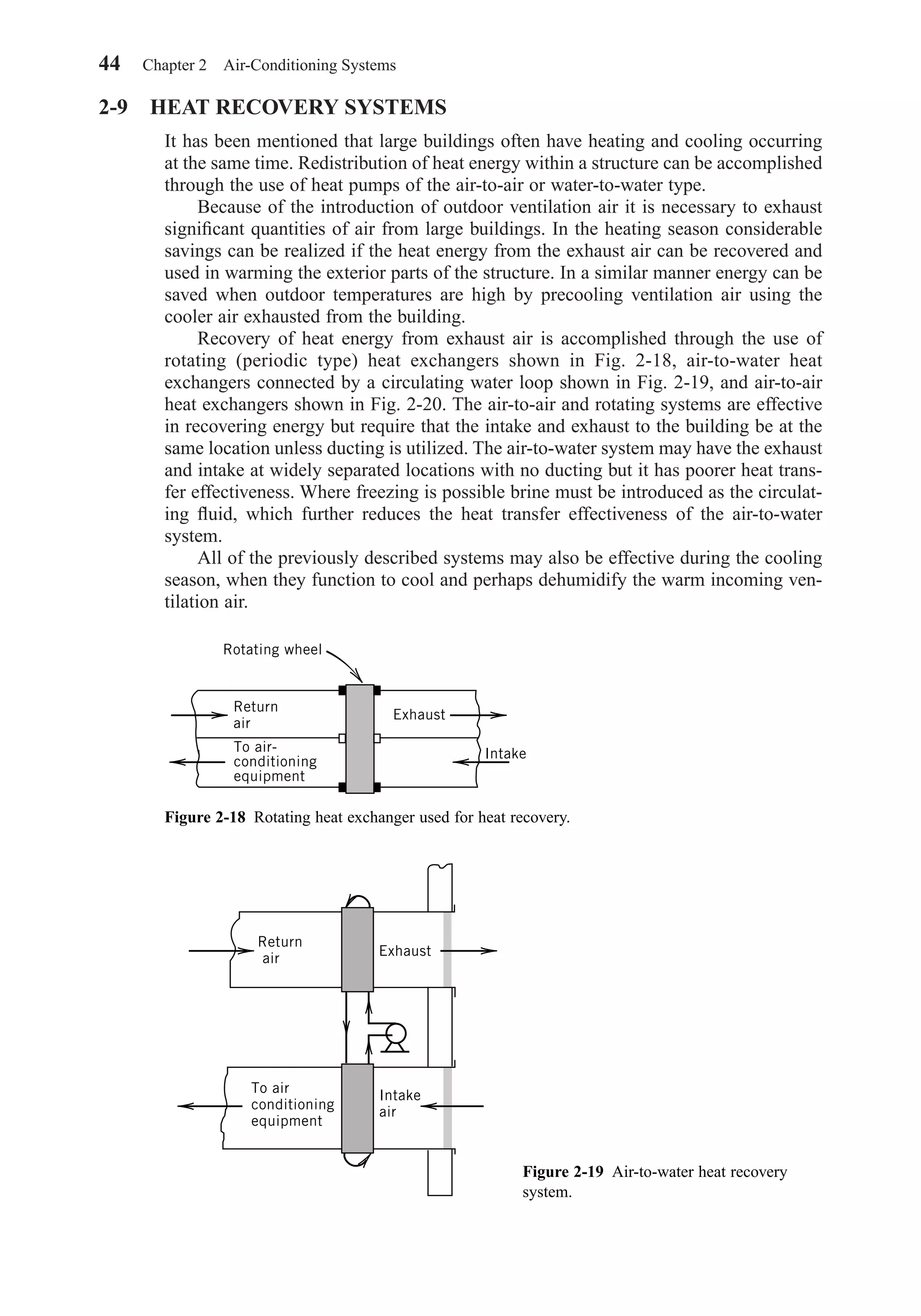 2-9 HEAT RECOVERY SYSTEMS
It has been mentioned that large buildings often have heating and cooling occurring
at the same time. Redistribution of heat energy within a structure can be accomplished
through the use of heat pumps of the air-to-air or water-to-water type.
Because of the introduction of outdoor ventilation air it is necessary to exhaust
signiﬁcant quantities of air from large buildings. In the heating season considerable
savings can be realized if the heat energy from the exhaust air can be recovered and
used in warming the exterior parts of the structure. In a similar manner energy can be
saved when outdoor temperatures are high by precooling ventilation air using the
cooler air exhausted from the building.
Recovery of heat energy from exhaust air is accomplished through the use of
rotating (periodic type) heat exchangers shown in Fig. 2-18, air-to-water heat
exchangers connected by a circulating water loop shown in Fig. 2-19, and air-to-air
heat exchangers shown in Fig. 2-20. The air-to-air and rotating systems are effective
in recovering energy but require that the intake and exhaust to the building be at the
same location unless ducting is utilized. The air-to-water system may have the exhaust
and intake at widely separated locations with no ducting but it has poorer heat trans-
fer effectiveness. Where freezing is possible brine must be introduced as the circulat-
ing ﬂuid, which further reduces the heat transfer effectiveness of the air-to-water
system.
All of the previously described systems may also be effective during the cooling
season, when they function to cool and perhaps dehumidify the warm incoming ven-
tilation air.
44 Chapter 2 Air-Conditioning Systems
Figure 2-18 Rotating heat exchanger used for heat recovery.
Return
air
Exhaust
To air-
conditioning
equipment
Intake
Rotating wheel
Figure 2-19 Air-to-water heat recovery
system.
Return
air
Exhaust
To air
conditioning
equipment
Intake
air
Chapter02.qxd 6/15/04 2:32 PM Page 44
 