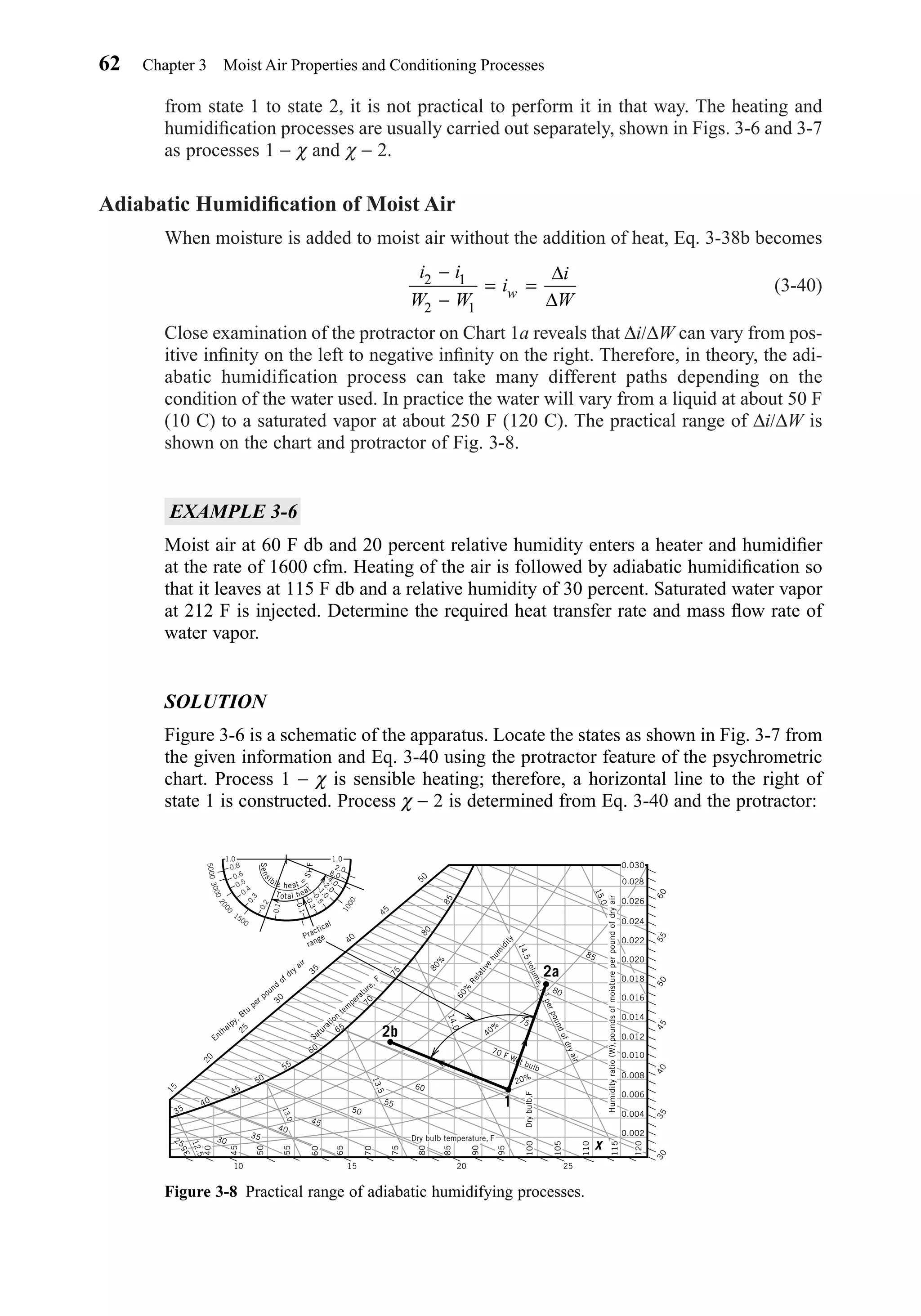 from state 1 to state 2, it is not practical to perform it in that way. The heating and
humidiﬁcation processes are usually carried out separately, shown in Figs. 3-6 and 3-7
as processes 1 − χ and χ − 2.
Adiabatic Humidiﬁcation of Moist Air
When moisture is added to moist air without the addition of heat, Eq. 3-38b becomes
(3-40)
Close examination of the protractor on Chart 1a reveals that ∆i/∆W can vary from pos-
itive inﬁnity on the left to negative inﬁnity on the right. Therefore, in theory, the adi-
abatic humidification process can take many different paths depending on the
condition of the water used. In practice the water will vary from a liquid at about 50 F
(10 C) to a saturated vapor at about 250 F (120 C). The practical range of ∆i/∆W is
shown on the chart and protractor of Fig. 3-8.
EXAMPLE 3-6
Moist air at 60 F db and 20 percent relative humidity enters a heater and humidiﬁer
at the rate of 1600 cfm. Heating of the air is followed by adiabatic humidiﬁcation so
that it leaves at 115 F db and a relative humidity of 30 percent. Saturated water vapor
at 212 F is injected. Determine the required heat transfer rate and mass ﬂow rate of
water vapor.
SOLUTION
Figure 3-6 is a schematic of the apparatus. Locate the states as shown in Fig. 3-7 from
the given information and Eq. 3-40 using the protractor feature of the psychrometric
chart. Process 1 − χ is sensible heating; therefore, a horizontal line to the right of
state 1 is constructed. Process χ − 2 is determined from Eq. 3-40 and the protractor:
i i
W W
i
i
Ww
2 1
2 1
−
−
= =
∆
∆
62 Chapter 3 Moist Air Properties and Conditioning Processes
Figure 3-8 Practical range of adiabatic humidifying processes.
0.030
0.024
0.022
0.020
0.018
0.016
0.014
0.012
0.010
0.008
0.006
0.004
0.002
0.026
0.028
Humidityratio(W),poundsofmoistureperpoundofdryair
60555045403530
120
115
110
105
100
95
90
85
80
75
70
65
60
55
50
45
40
35
25
12.5
30
35
45
50
55
60
10 15 20
1
2b
2a
x
25
40
Drybulb,F
Dry bulb temperature, F
20%
75
80
85
70 F Wet bulb
14.5volume,ft3perpoundofdryair
15.0
40%
14.0
13.5
13.0
60%
Relative
hum
idity
80%
80
85
35
40
45
50
55
60
65
70
75
15
20
25
30
35
40
45
50
Saturation
tem
perature, F
Enthalpy, Btu
per pound
of dry air
Sens
ible heat =
SHF
Total heat
–0.1
–0.3–0.5–1.0
–2.0
–4.0
8.0
2.0
1.0
Practical
range
1.0
0.8
500030002000
1500
1000
0.6
0.5
0.4
0.3
0.2
0.1
Chapter03.qxd 6/15/04 2:31 PM Page 62
 