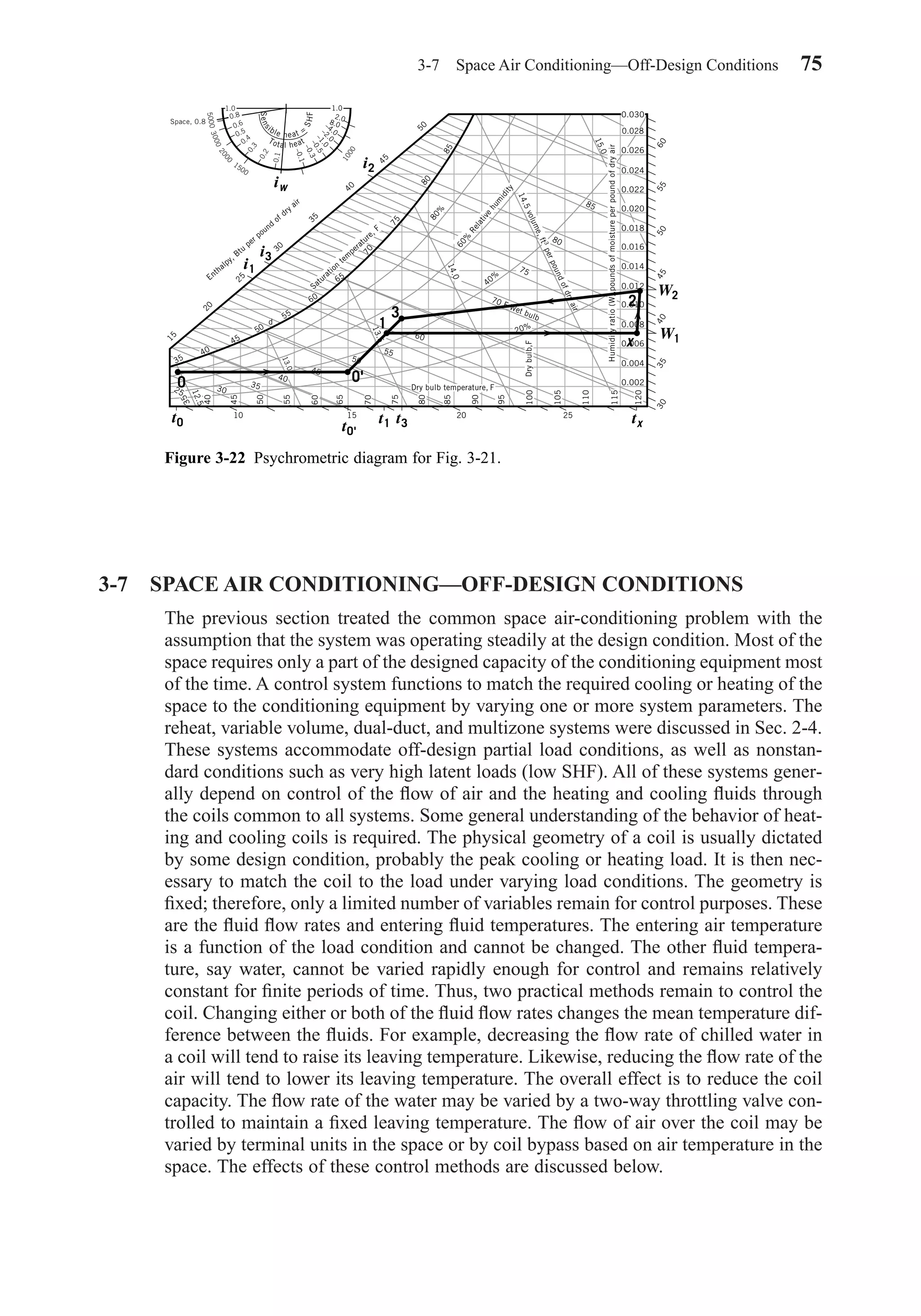 3-7 SPACE AIR CONDITIONING—OFF-DESIGN CONDITIONS
The previous section treated the common space air-conditioning problem with the
assumption that the system was operating steadily at the design condition. Most of the
space requires only a part of the designed capacity of the conditioning equipment most
of the time. A control system functions to match the required cooling or heating of the
space to the conditioning equipment by varying one or more system parameters. The
reheat, variable volume, dual-duct, and multizone systems were discussed in Sec. 2-4.
These systems accommodate off-design partial load conditions, as well as nonstan-
dard conditions such as very high latent loads (low SHF). All of these systems gener-
ally depend on control of the ﬂow of air and the heating and cooling ﬂuids through
the coils common to all systems. Some general understanding of the behavior of heat-
ing and cooling coils is required. The physical geometry of a coil is usually dictated
by some design condition, probably the peak cooling or heating load. It is then nec-
essary to match the coil to the load under varying load conditions. The geometry is
ﬁxed; therefore, only a limited number of variables remain for control purposes. These
are the ﬂuid ﬂow rates and entering ﬂuid temperatures. The entering air temperature
is a function of the load condition and cannot be changed. The other ﬂuid tempera-
ture, say water, cannot be varied rapidly enough for control and remains relatively
constant for ﬁnite periods of time. Thus, two practical methods remain to control the
coil. Changing either or both of the ﬂuid ﬂow rates changes the mean temperature dif-
ference between the ﬂuids. For example, decreasing the ﬂow rate of chilled water in
a coil will tend to raise its leaving temperature. Likewise, reducing the ﬂow rate of the
air will tend to lower its leaving temperature. The overall effect is to reduce the coil
capacity. The ﬂow rate of the water may be varied by a two-way throttling valve con-
trolled to maintain a ﬁxed leaving temperature. The ﬂow of air over the coil may be
varied by terminal units in the space or by coil bypass based on air temperature in the
space. The effects of these control methods are discussed below.
3-7 Space Air Conditioning—Off-Design Conditions 75
Figure 3-22 Psychrometric diagram for Fig. 3-21.
0.024
0.022
0.020
0.018
0.016
0.014
0.012
0.010
0.008
0.006
0.004
0.002
0.026
0.028
Humidityratio(W),poundsofmoistureperpoundofdryair
60555045403530
120
115
110
105
100
95
90
85
80
75
70
65
60
55
50
45
40
35
25
12.5
30
35
45
50
55
60
10 15 20
d
0 0'
1
3
2
x
25
40
Drybulb,F
Dry bulb temperature, F
20%
75
80
85
70 F Wet bulb
14.5volume,ft3perpoundofdryair
15.0
40%
14.0
13.5
13.0
60%
Relative
hum
idity
80%
80
85
35
40
45
50
55
60
65
70
75
15
20
25
30
35
40
45
50
Saturation
tem
perature, F
Enthalpy, Btu
per pound
of dry air
Sens
ible heat =
SHF
Total heat
–0.1
–0.3–0.5–1.0
–2.0
–4.0
8.0
2.0
1.01.0
0.8
500030002000
1500
1000
0.6
0.5
0.4
0.3
0.2
0.1
Space, 0.8
t0'
i1
i3
i2
iw
t0 t1 t3 tx
W1
W2
0.030
Chapter03.qxd 6/15/04 2:31 PM Page 75
 