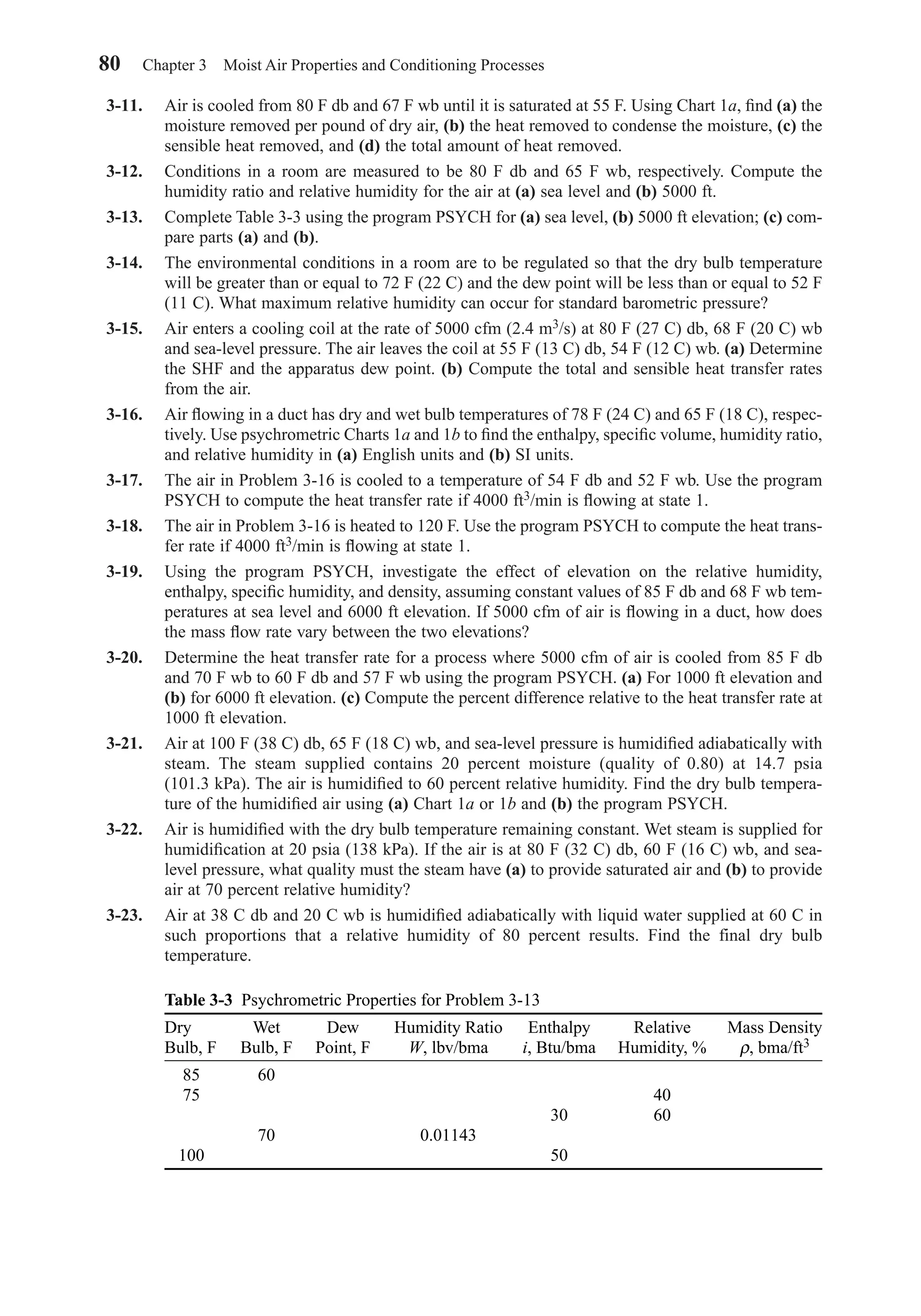 3-11. Air is cooled from 80 F db and 67 F wb until it is saturated at 55 F. Using Chart 1a, ﬁnd (a) the
moisture removed per pound of dry air, (b) the heat removed to condense the moisture, (c) the
sensible heat removed, and (d) the total amount of heat removed.
3-12. Conditions in a room are measured to be 80 F db and 65 F wb, respectively. Compute the
humidity ratio and relative humidity for the air at (a) sea level and (b) 5000 ft.
3-13. Complete Table 3-3 using the program PSYCH for (a) sea level, (b) 5000 ft elevation; (c) com-
pare parts (a) and (b).
3-14. The environmental conditions in a room are to be regulated so that the dry bulb temperature
will be greater than or equal to 72 F (22 C) and the dew point will be less than or equal to 52 F
(11 C). What maximum relative humidity can occur for standard barometric pressure?
3-15. Air enters a cooling coil at the rate of 5000 cfm (2.4 m3/s) at 80 F (27 C) db, 68 F (20 C) wb
and sea-level pressure. The air leaves the coil at 55 F (13 C) db, 54 F (12 C) wb. (a) Determine
the SHF and the apparatus dew point. (b) Compute the total and sensible heat transfer rates
from the air.
3-16. Air ﬂowing in a duct has dry and wet bulb temperatures of 78 F (24 C) and 65 F (18 C), respec-
tively. Use psychrometric Charts 1a and 1b to ﬁnd the enthalpy, speciﬁc volume, humidity ratio,
and relative humidity in (a) English units and (b) SI units.
3-17. The air in Problem 3-16 is cooled to a temperature of 54 F db and 52 F wb. Use the program
PSYCH to compute the heat transfer rate if 4000 ft3/min is ﬂowing at state 1.
3-18. The air in Problem 3-16 is heated to 120 F. Use the program PSYCH to compute the heat trans-
fer rate if 4000 ft3/min is ﬂowing at state 1.
3-19. Using the program PSYCH, investigate the effect of elevation on the relative humidity,
enthalpy, speciﬁc humidity, and density, assuming constant values of 85 F db and 68 F wb tem-
peratures at sea level and 6000 ft elevation. If 5000 cfm of air is ﬂowing in a duct, how does
the mass ﬂow rate vary between the two elevations?
3-20. Determine the heat transfer rate for a process where 5000 cfm of air is cooled from 85 F db
and 70 F wb to 60 F db and 57 F wb using the program PSYCH. (a) For 1000 ft elevation and
(b) for 6000 ft elevation. (c) Compute the percent difference relative to the heat transfer rate at
1000 ft elevation.
3-21. Air at 100 F (38 C) db, 65 F (18 C) wb, and sea-level pressure is humidiﬁed adiabatically with
steam. The steam supplied contains 20 percent moisture (quality of 0.80) at 14.7 psia
(101.3 kPa). The air is humidiﬁed to 60 percent relative humidity. Find the dry bulb tempera-
ture of the humidiﬁed air using (a) Chart 1a or 1b and (b) the program PSYCH.
3-22. Air is humidiﬁed with the dry bulb temperature remaining constant. Wet steam is supplied for
humidiﬁcation at 20 psia (138 kPa). If the air is at 80 F (32 C) db, 60 F (16 C) wb, and sea-
level pressure, what quality must the steam have (a) to provide saturated air and (b) to provide
air at 70 percent relative humidity?
3-23. Air at 38 C db and 20 C wb is humidiﬁed adiabatically with liquid water supplied at 60 C in
such proportions that a relative humidity of 80 percent results. Find the final dry bulb
temperature.
80 Chapter 3 Moist Air Properties and Conditioning Processes
Table 3-3 Psychrometric Properties for Problem 3-13
Dry Wet Dew Humidity Ratio Enthalpy Relative Mass Density
Bulb, F Bulb, F Point, F W, lbv/bma i, Btu/bma Humidity, % ρ, bma/ft3
85 60
75 40
30 60
70 0.01143
100 50
Chapter03.qxd 6/15/04 2:31 PM Page 80
 