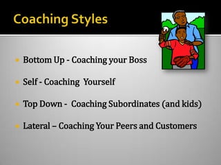 Coaching StylesBottom Up - Coaching your BossSelf - Coaching  YourselfTop Down -  Coaching Subordinates (and kids)Lateral – Coaching Your Peers and Customers